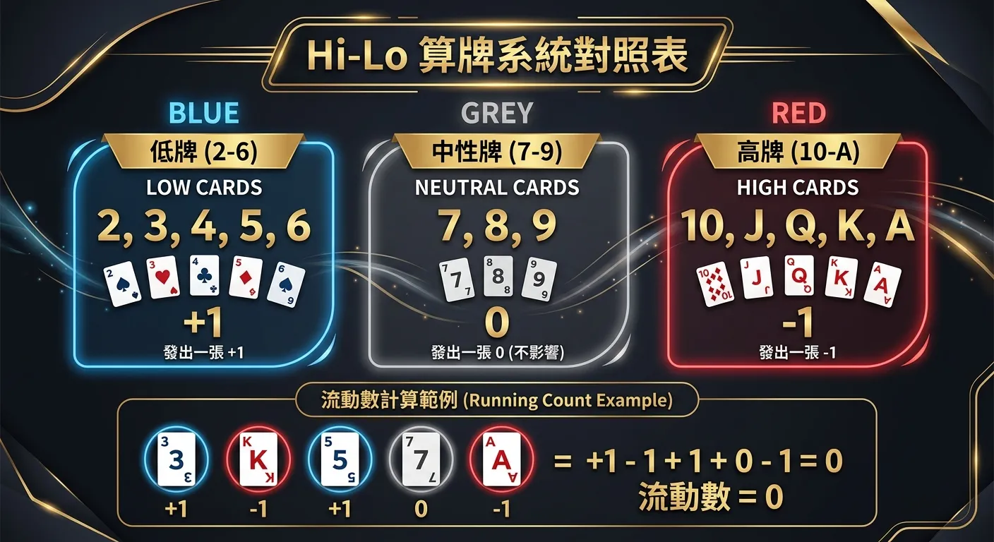 Hi-Lo 算牌系統對照表資訊圖，分為三個色塊區域：左側藍色區塊標示低牌（2-6）= +1，中間灰色區塊標示中性牌（7-9）= 0，右側紅色區塊標示高牌（10-A）= -1，下方附上一個計算範例（發出 3、K、5、7、A 後流動數 = +1-1+1+0-1 = 0），深色背景金色文字。