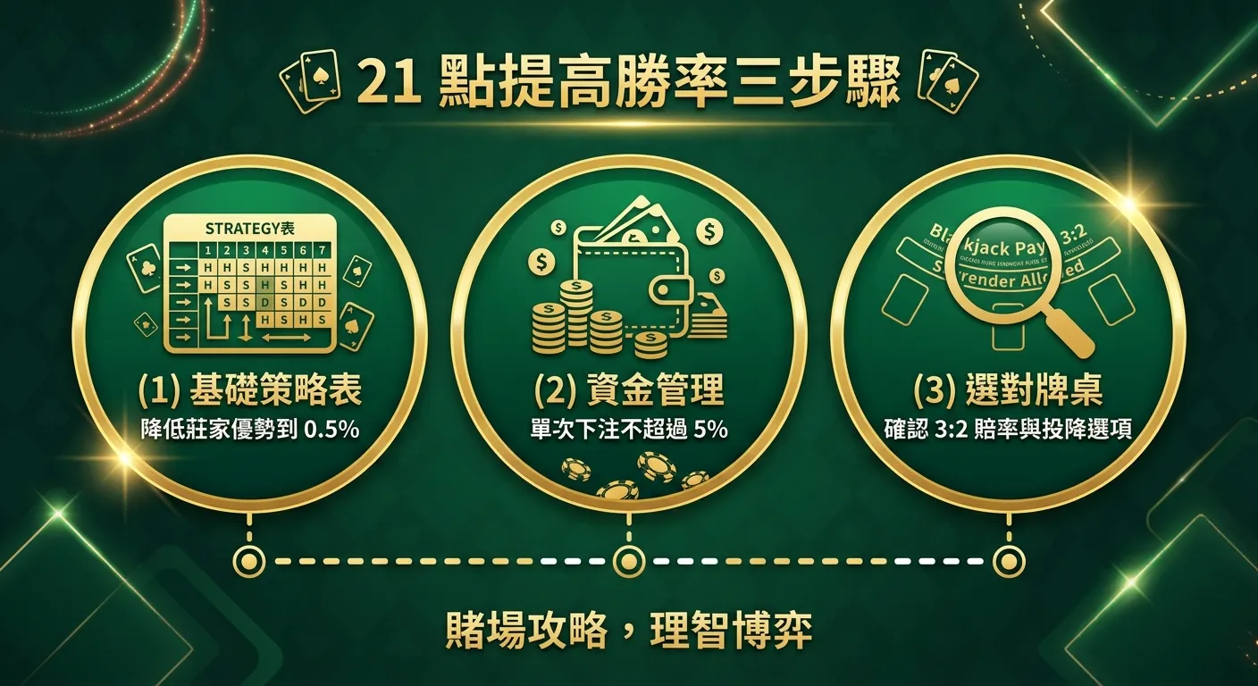 21 點提高勝率三步驟資訊圖，以三個並列的圓形圖示呈現：(1) 基礎策略表（表格圖示）— 降低莊家優勢到 0.5% (2) 資金管理（錢包圖示）— 單次下注不超過 5% (3) 選對牌桌（放大鏡圖示）— 確認 3:2 賠率與投降選項，三個圓形下方用虛線連接，金色與深綠配色。