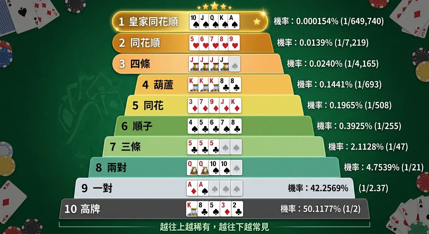 德州撲克十大牌型排序金字塔圖，由上到下依序排列：皇家同花順（頂端，金色）、同花順、四條、葫蘆、同花、順子、三條、兩對、一對、高牌（底端，灰色）。每層標示牌型名稱和出現機率，越往上越稀有。配色深綠底。