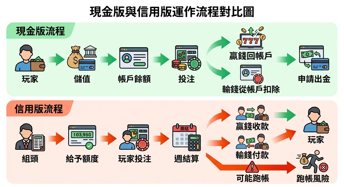 現金版與信用版運作流程對比圖。上方為現金版流程：玩家→儲值→帳戶餘額→投注→贏錢回到帳戶/輸錢從帳戶扣除→申請出金。下方為信用版流程：組頭→給予額度→玩家投注→週結算→贏錢收款/輸錢付款→可能跑帳。每個步驟用箭頭連接，現金版用綠色系、信用版用橙紅色系。