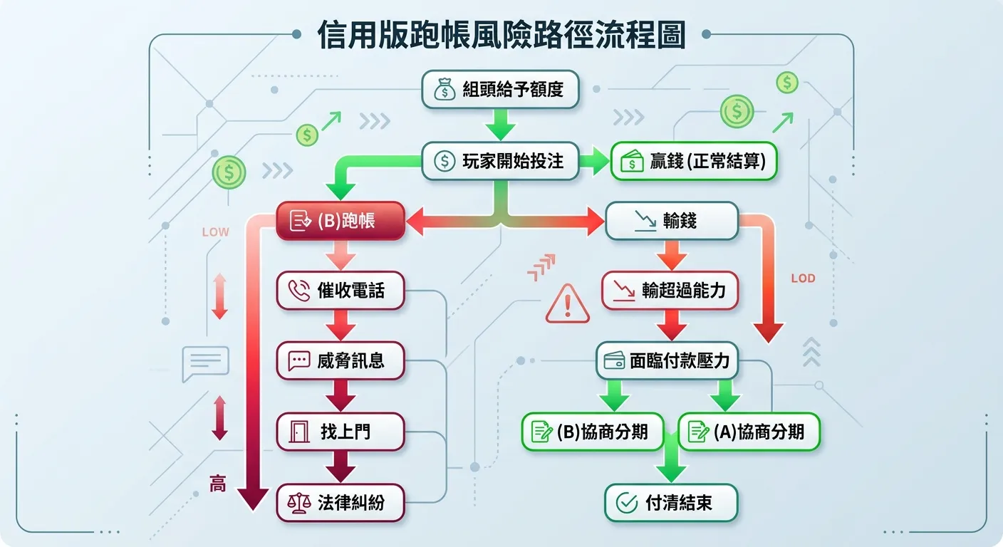 信用版跑帳風險路徑流程圖，由上而下：組頭給予額度→玩家開始投注→贏錢（正常結算）或輸錢→輸超過能力→面臨付款壓力→選擇：(A)協商分期→付清結束 或 (B)跑帳→催收電話→威脅訊息→找上門→法律糾紛。路徑用紅色漸層表示風險升高，正常路徑用綠色。