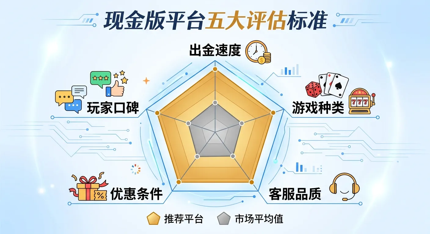 現金版平台五大評估標準資訊圖，以五角星雷達圖呈現五個維度：出金速度、遊戲種類、客服品質、優惠條件、玩家口碑，每個維度旁附上圖示（時鐘、骰子、耳機、禮物、對話氣泡）。雷達圖中用金色區域標示推薦平台的分數，明顯高於灰色的市場平均值。