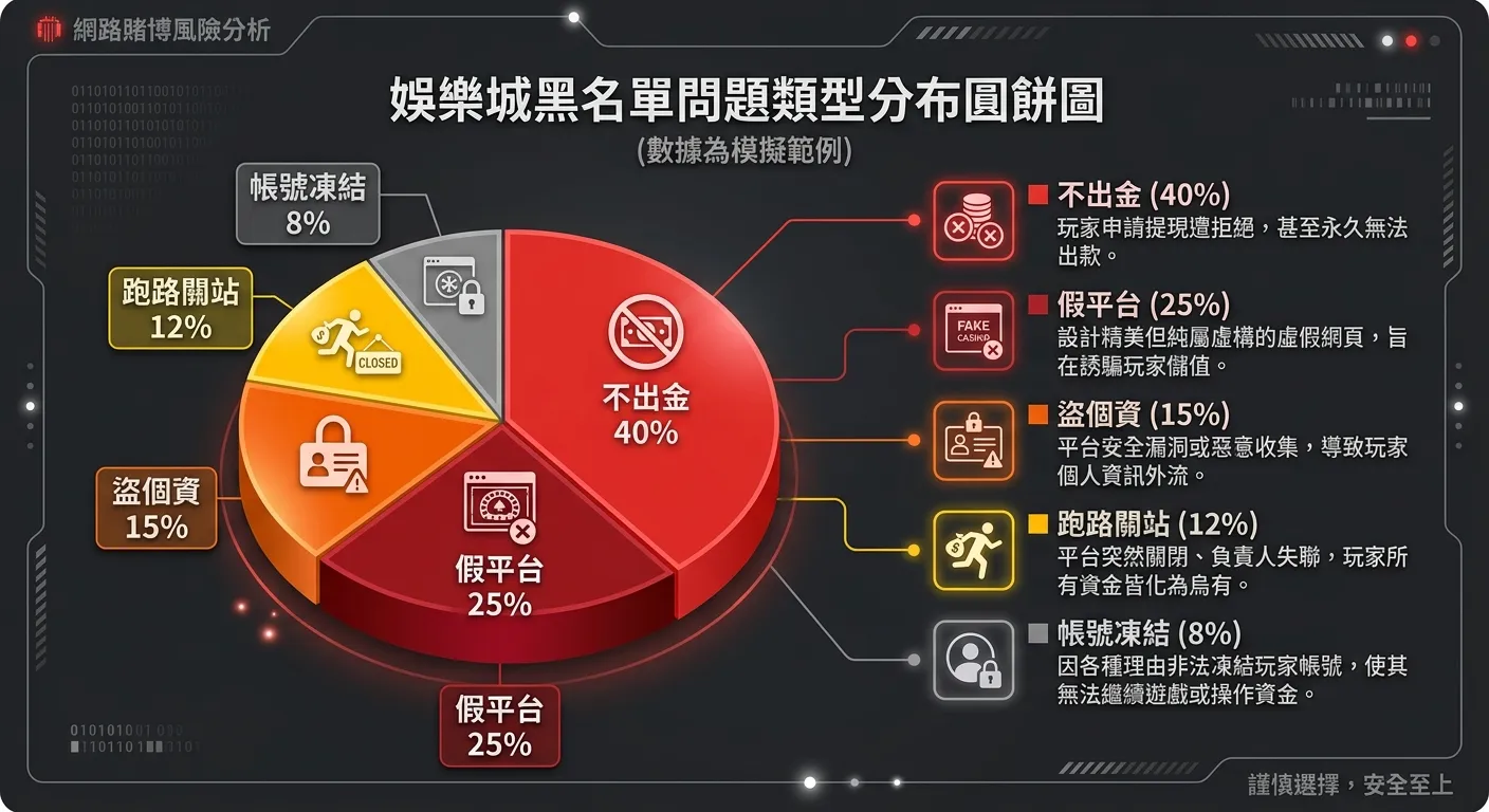 娛樂城黑名單問題類型分布圓餅圖，五個區塊分別為：不出金（40%，紅色）、假平台（25%，深紅色）、盜個資（15%，橘色）、跑路關站（12%，黃色）、帳號凍結（8%，灰色），圓餅圖旁邊附各類型的一行說明。配色以紅色系為主，背景深灰。