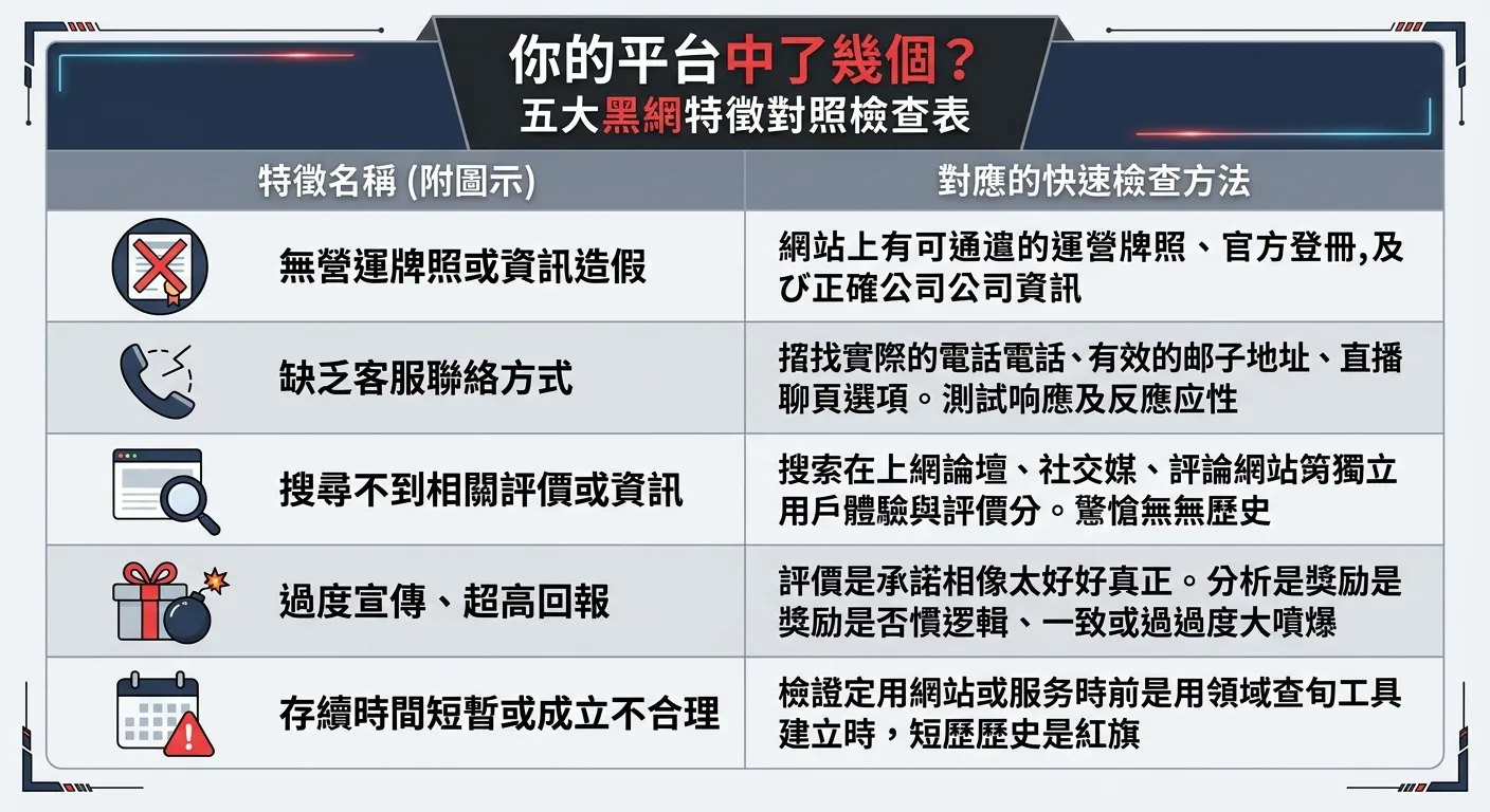 五大黑網特徵對照檢查表，左側為五個特徵名稱（附圖示），右側為對應的快速檢查方法。設計為雙欄表格式，每列交替使用淺灰與白底。特徵圖示分別為：牌照打叉、電話斷線、搜尋無結果、禮物炸彈、日曆警示。頂部標題「你的平台中了幾個？」配色使用深灰底色搭配紅色重點標示。