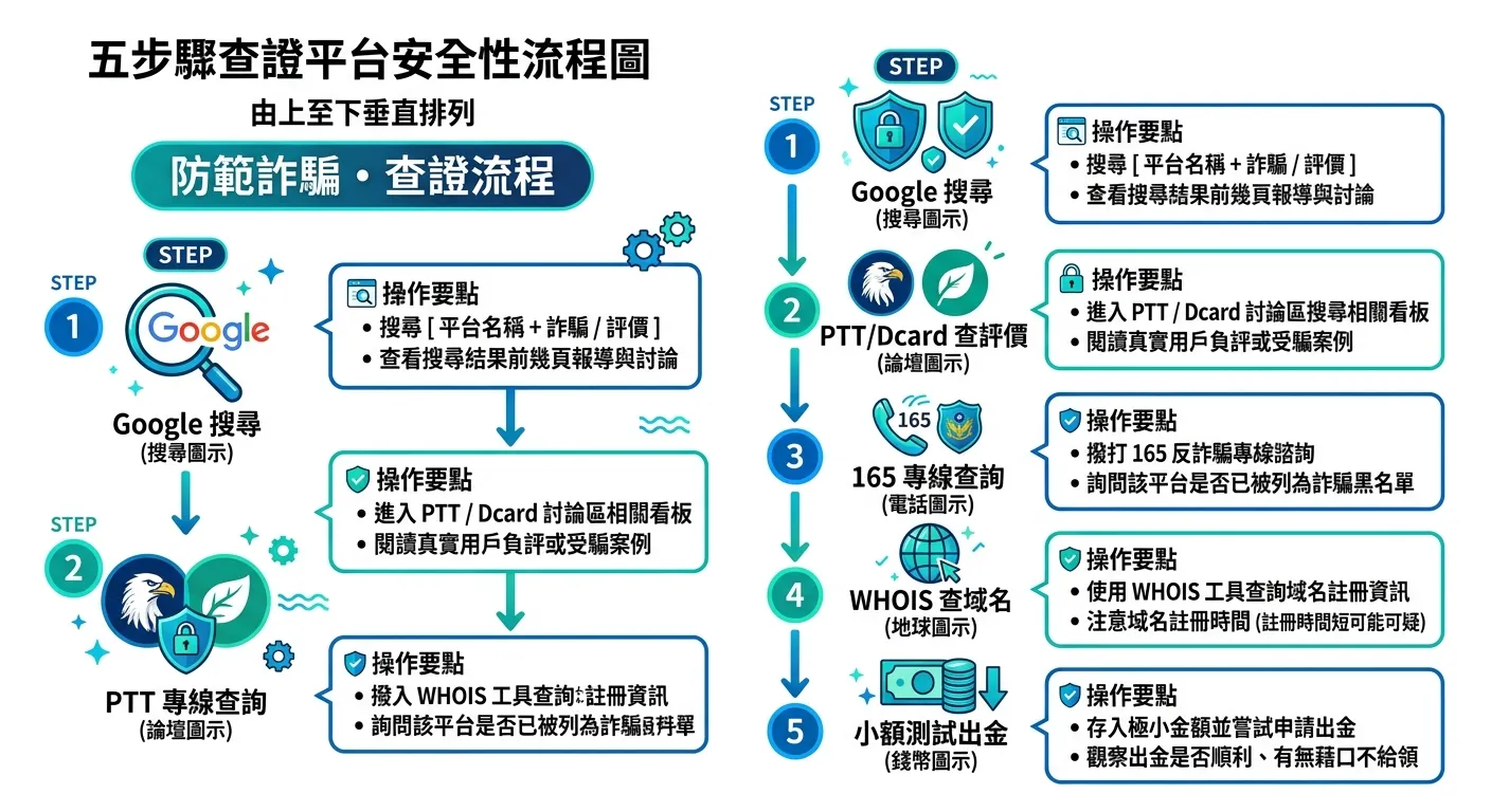 五步驟查證平台安全性流程圖，由上至下垂直排列：Step 1 Google 搜尋（搜尋圖示）→ Step 2 PTT/Dcard 查評價（論壇圖示）→ Step 3 165 專線查詢（電話圖示）→ Step 4 WHOIS 查域名（地球圖示）→ Step 5 小額測試出金（錢幣圖示），每步驟右側附操作要點。步驟間以箭頭連接，配色使用藍綠色安全色系，背景白色。