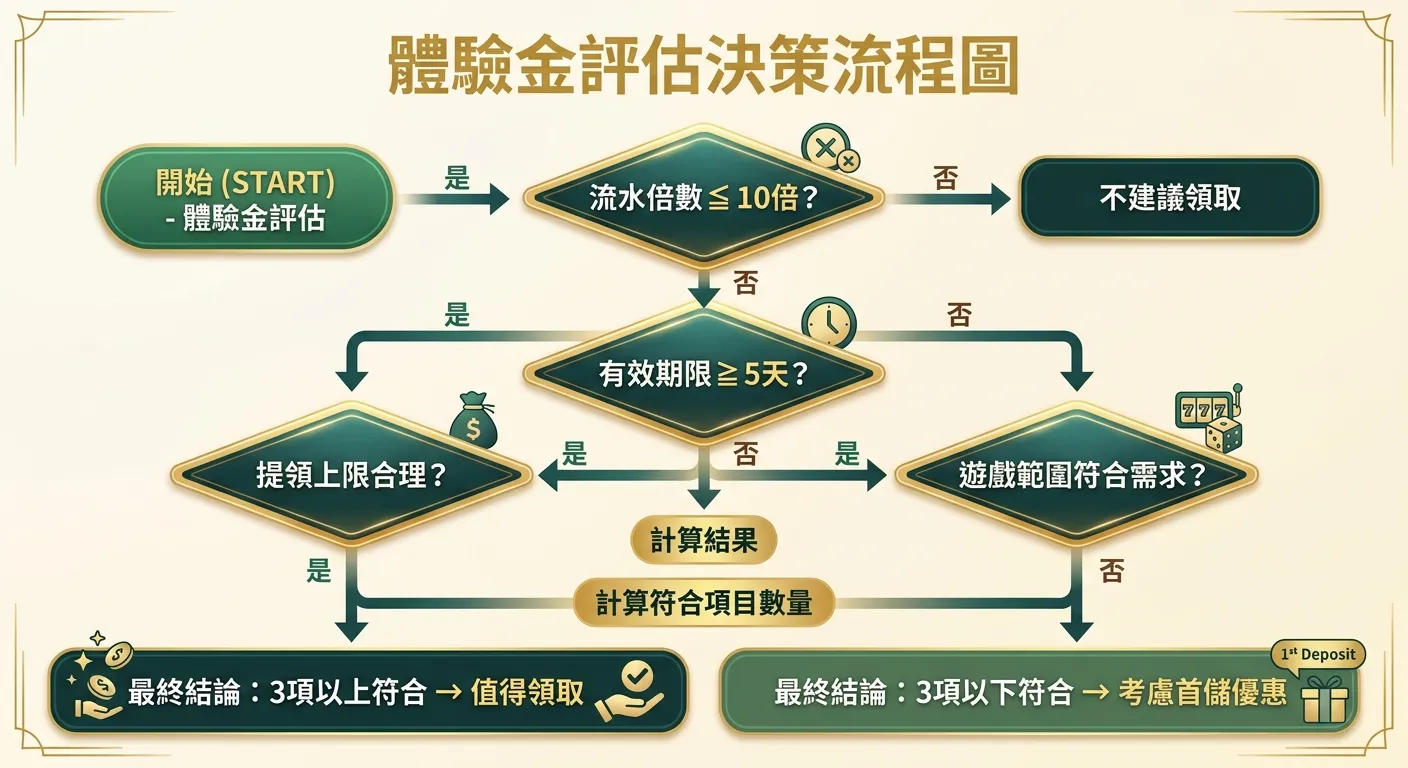 體驗金評估決策流程圖，由上至下四個判斷步驟：1.流水倍數≤10倍？（是→繼續/否→不建議領取）→ 2.有效期限≥5天？→ 3.提領上限合理？→ 4.遊戲範圍符合需求？→ 最終結論：3項以上符合→值得領取，3項以下→考慮首儲優惠。菱形判斷框搭配金色與深綠色系