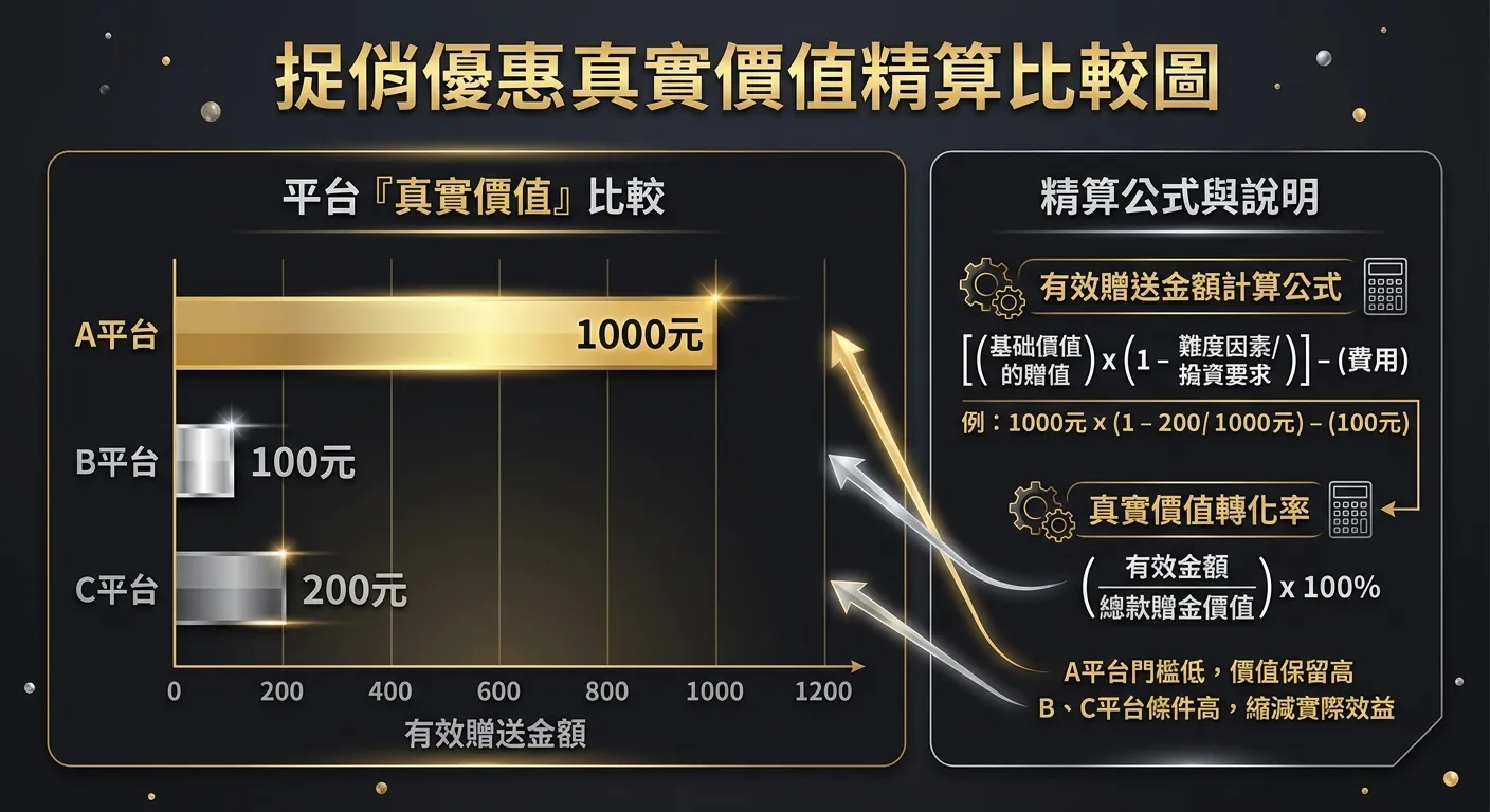 優惠真實價值精算對比圖，左側為三個平台的長條圖比較：X軸為「有效贈送金額」，Y軸為三個平台。A平台（金色長條，1000元）遠超B平台（銀色長條，100元）和C平台（灰色長條，200元）。右側附上精算公式與箭頭說明。整體以深色背景、金色與銀色標註