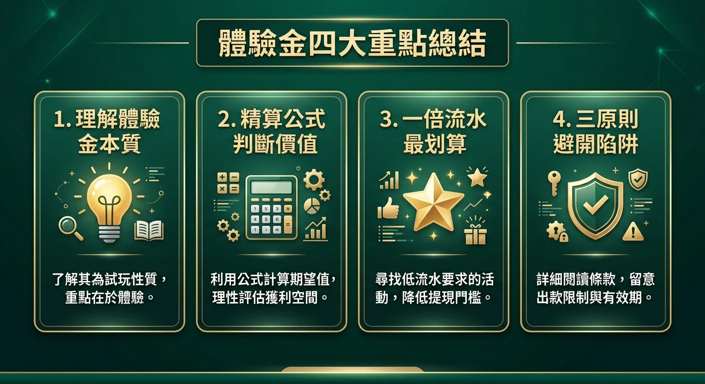 文章重點總結資訊圖，以卡片式排列四大重點：1.理解體驗金本質（燈泡圖示）2.精算公式判斷價值（計算機圖示）3.一倍流水最划算（星星圖示）4.三原則避開陷阱（盾牌圖示），每張卡片附有一句精簡說明，配色使用金色標題與深墨綠背景