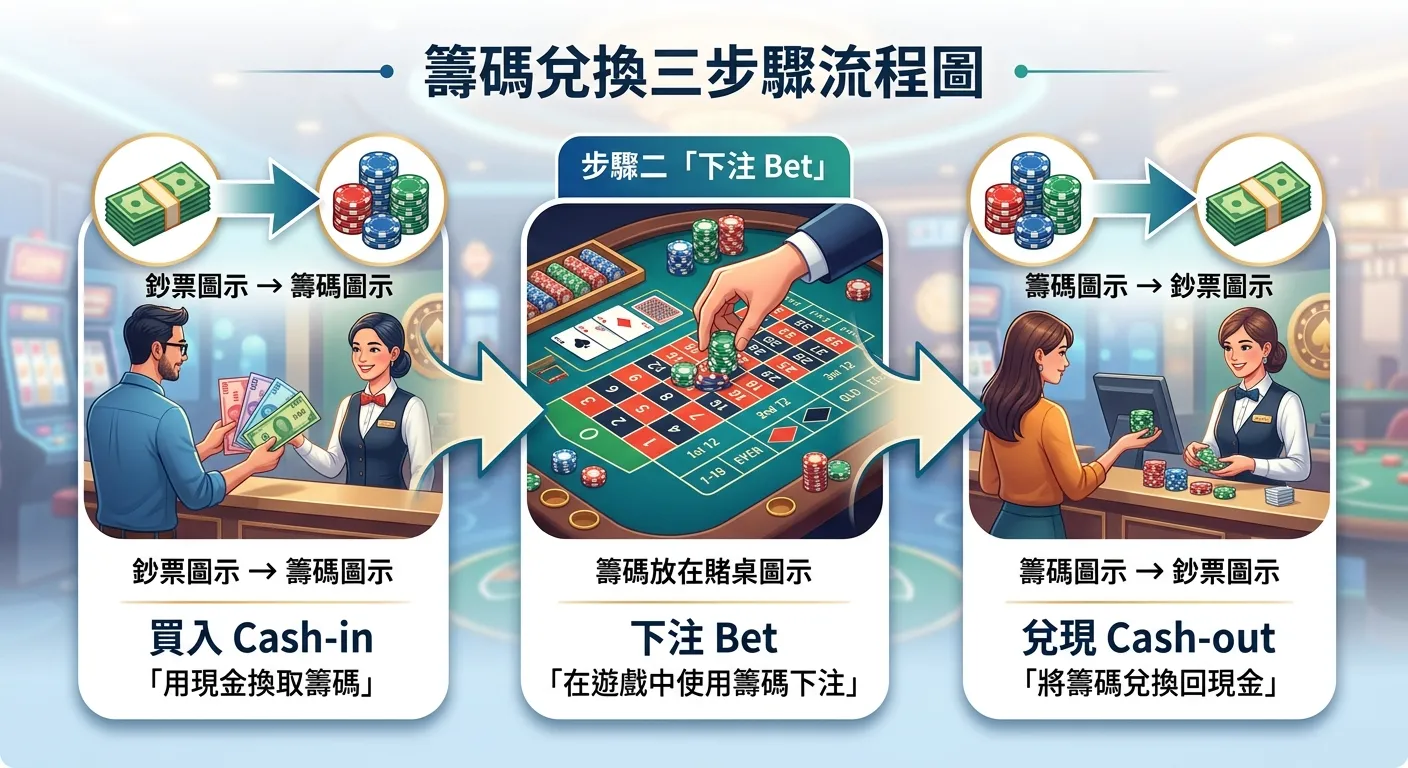 籌碼兌換三步驟流程圖，由左到右：步驟一「買入 Cash-in」（鈔票圖示 → 籌碼圖示）、步驟二「下注 Bet」（籌碼放在賭桌圖示）、步驟三「兌現 Cash-out」（籌碼圖示 → 鈔票圖示），箭頭連接各步驟