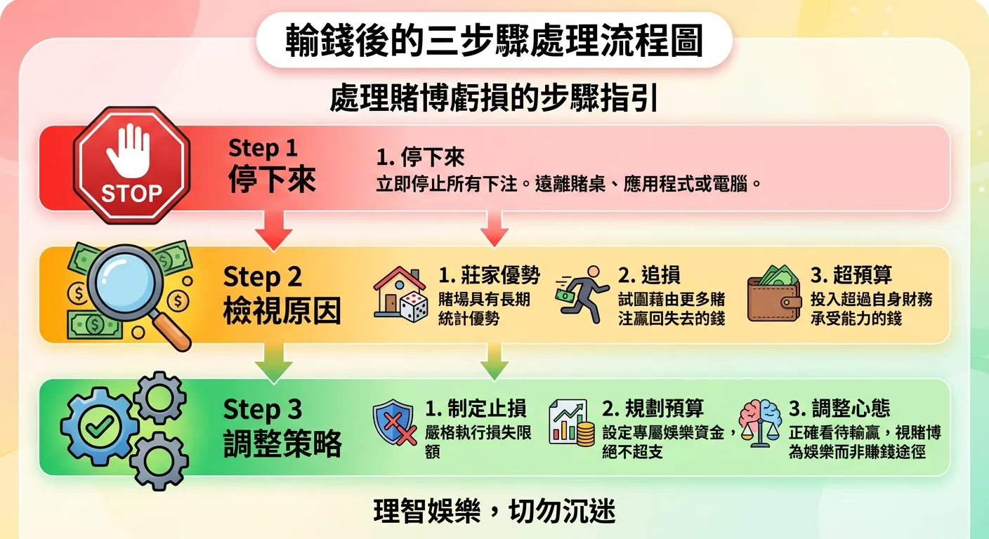 輸錢後的三步驟處理流程圖，由上至下：Step 1「停下來」（紅色暫停圖示）→ Step 2「檢視原因」（放大鏡圖示搭配三個原因標籤：莊家優勢/追損/超預算）→ Step 3「調整策略」（齒輪圖示搭配止損/預算/心態三個動作項），配色使用紅色警示到綠色行動的漸層