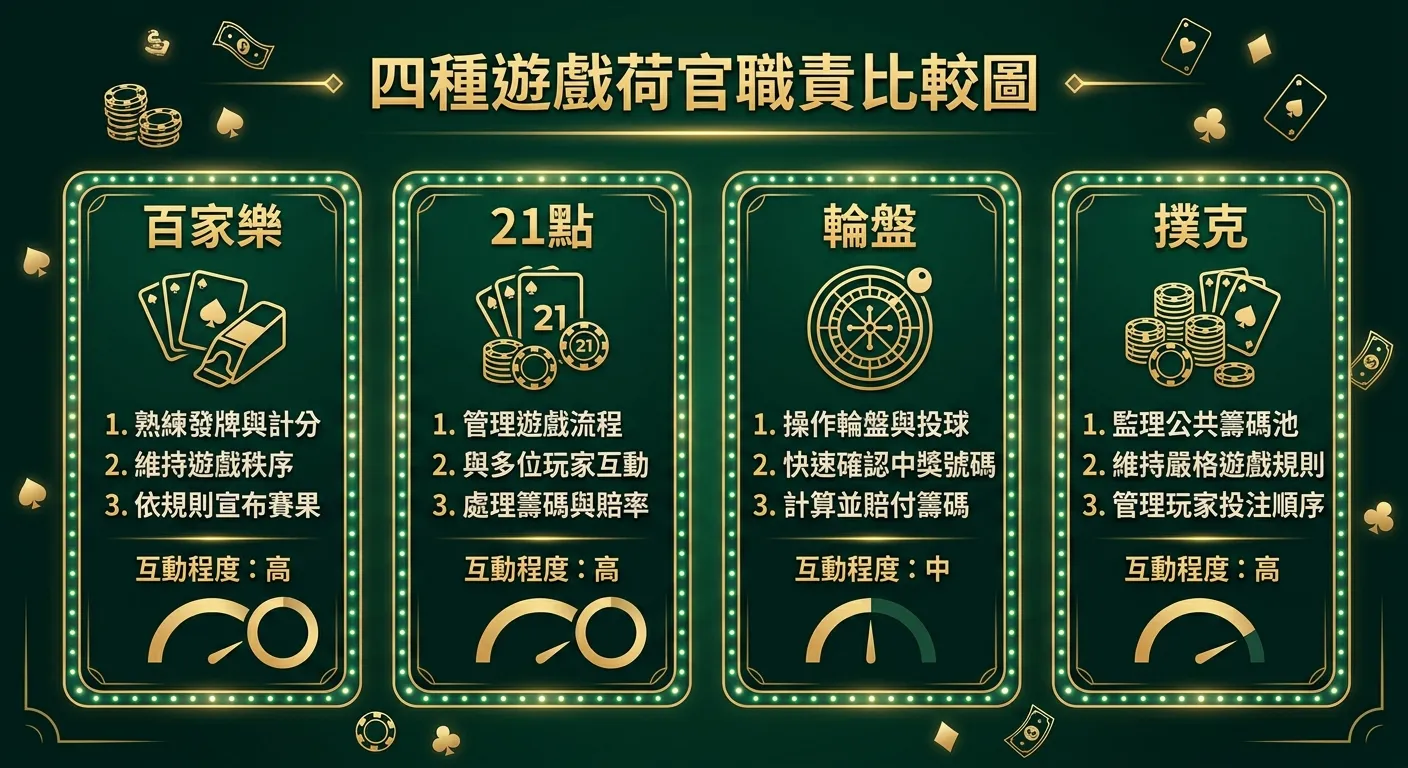 四種遊戲荷官職責比較圖，四個方塊分別代表百家樂、21 點、輪盤、撲克，每個方塊內列出 3 個主要職責，並標示互動程度（從「低」到「高」），配色統一深綠金色系