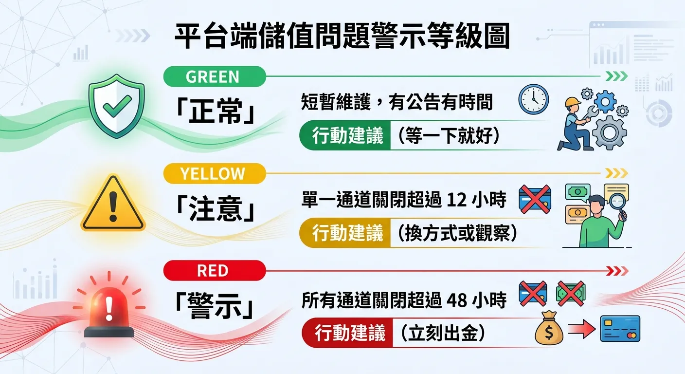 平台端儲值問題警示等級圖，三個等級由上至下：綠色「正常」— 短暫維護，有公告有時間（等一下就好）；黃色「注意」— 單一通道關閉超過 12 小時（換方式或觀察）；紅色「警示」— 所有通道關閉超過 48 小時（立刻出金）。每個等級搭配行動建議。