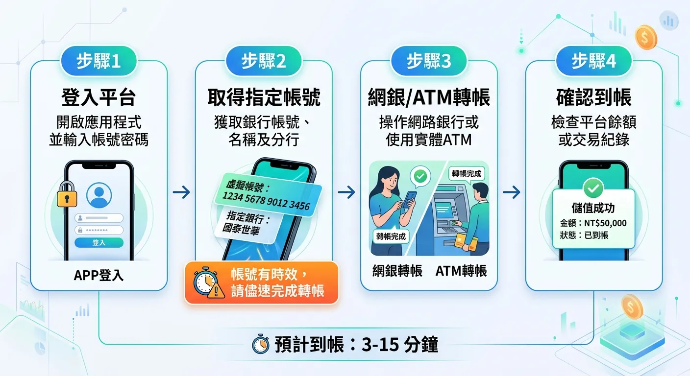 銀行轉帳入金四步驟流程圖，由左至右四個步驟框：步驟1「登入平台」→ 步驟2「取得指定帳號」（附帶帳號有時效的提醒標籤）→ 步驟3「網銀/ATM轉帳」→ 步驟4「確認到帳」，每個步驟有對應的手機或銀行圖示，步驟間用箭頭連接，下方標示「預計到帳：3-15 分鐘」。