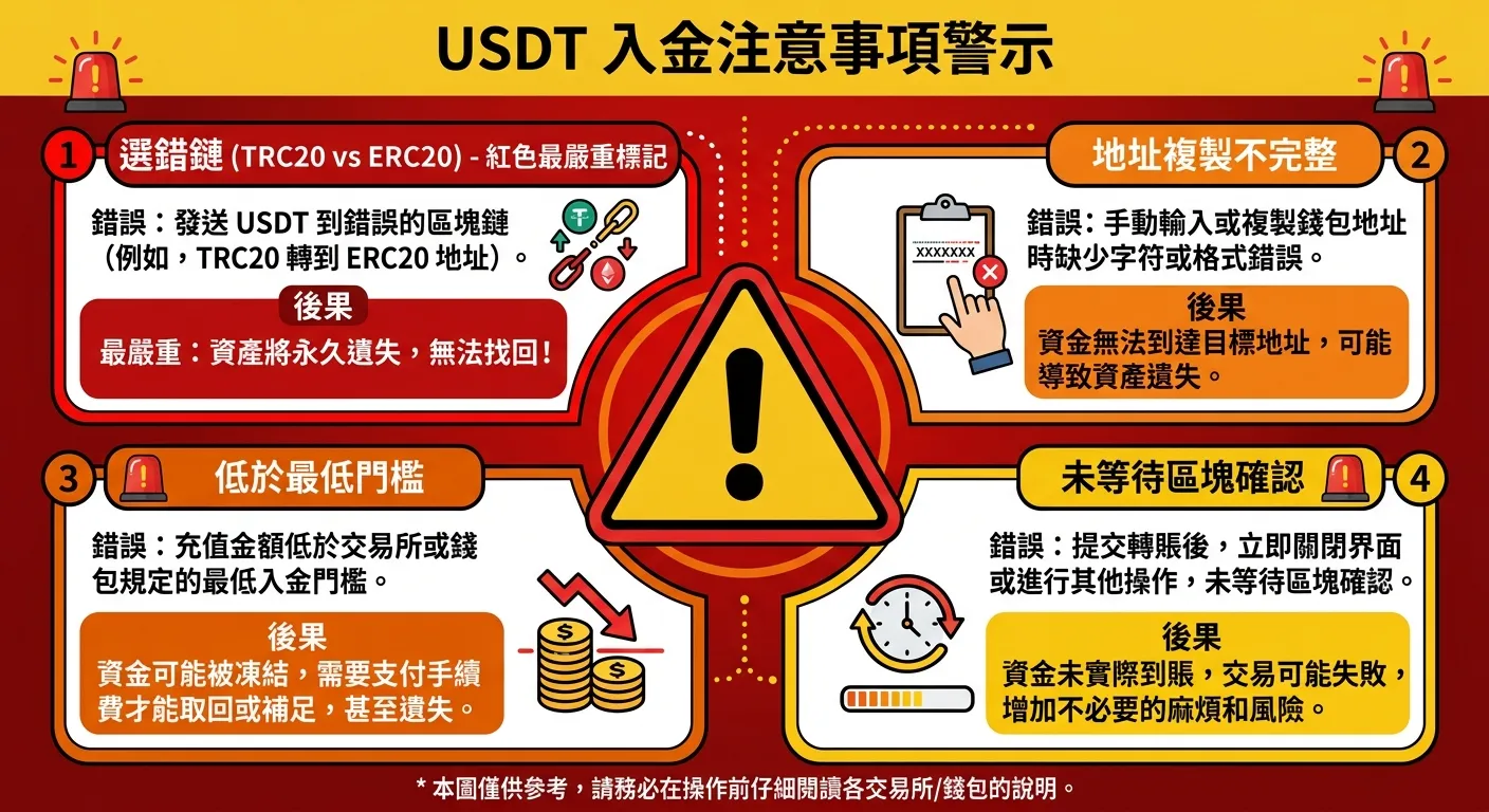 USDT 入金注意事項警示圖，中央為一個大型警告三角圖示，周圍列出四個最常見的 USDT 入金錯誤：(1) 選錯鏈（TRC20 vs ERC20）— 紅色最嚴重標記 (2) 地址複製不完整 (3) 低於最低門檻 (4) 未等待區塊確認。每個錯誤旁附帶「後果」說明。紅黃警示配色。