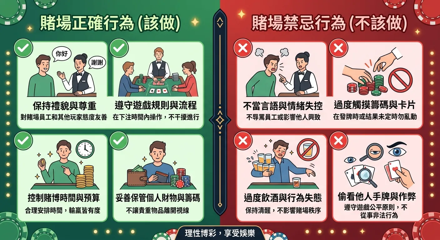 賭場行為禮儀「該做」與「不該做」對比圖，左側綠色區域列出四個正確行為配勾選圖示，右側紅色區域列出四個禁忌行為配叉叉圖示，中間分隔線