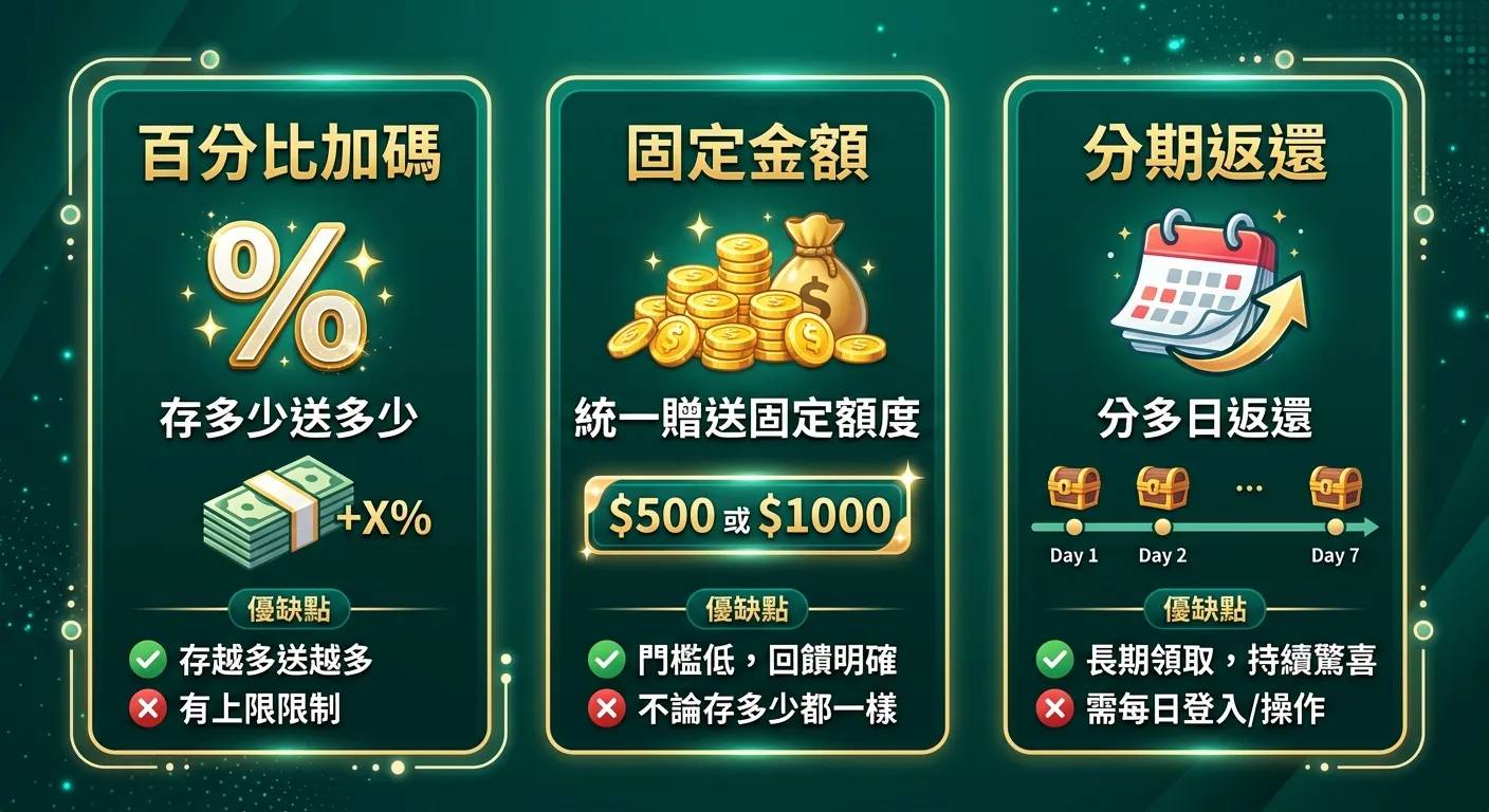 三種首儲方案模式對比卡片圖，水平排列三張卡片：左卡「百分比加碼」（圖示%符號，說明「存多少送多少」）、中卡「固定金額」（圖示金幣，說明「統一贈送固定額度」）、右卡「分期返還」（圖示日曆+箭頭，說明「分多日返還」），每張卡片底部標註優缺點。配色金色標題深墨綠背景