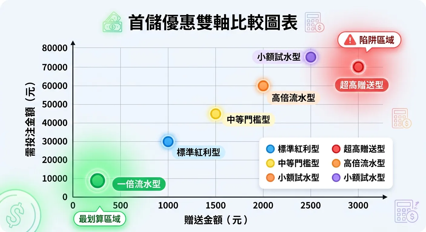 首儲優惠雙軸比較圖表，X軸為「贈送金額（元）」從0到3000，Y軸為「需投注金額（元）」從0到80000。六個方案以不同顏色圓點標示在圖上：一倍流水型位於左下角（綠色，最佳位置），超高贈送型位於右上角（紅色，最差位置）。左下角標註「最划算區域」，右上角標註「陷阱區域」