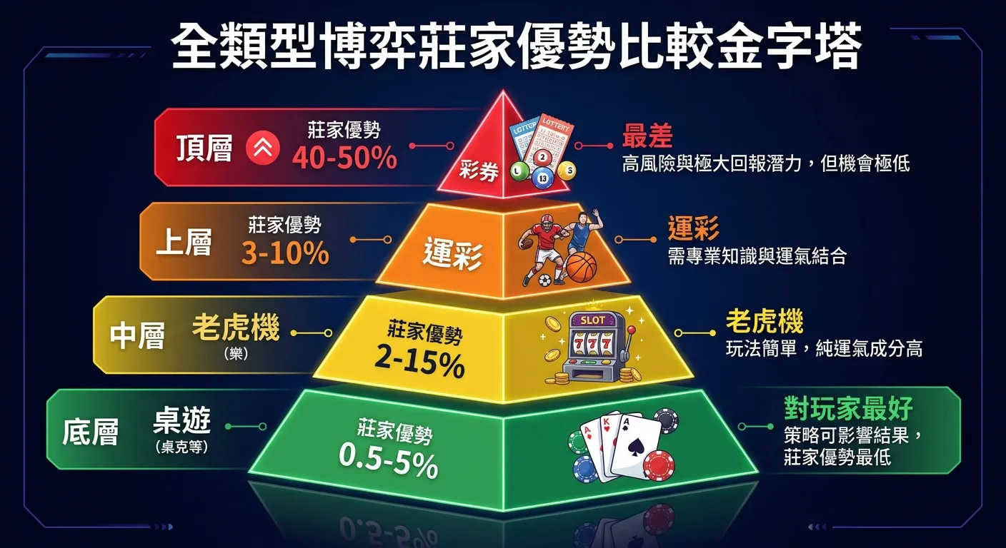 全類型博弈莊家優勢比較金字塔圖，由底部（對玩家最好）到頂部（最差）：底層綠色「桌遊 0.5-5%」、中層黃色「老虎機 2-15%」、上層橙色「運彩 3-10%」、頂層紅色「彩券 40-50%」。配色深色底。