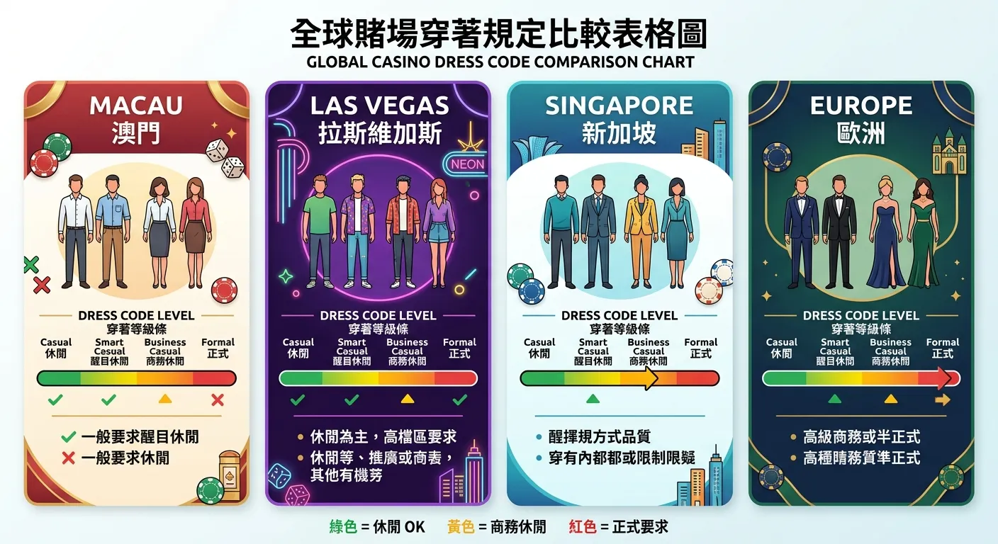 全球賭場穿著規定比較表格圖，四個區塊分別代表澳門、拉斯維加斯、新加坡、歐洲，每個區塊內有衣服圖示和穿著等級條（從休閒到正式），用顏色編碼：綠色=休閒OK、黃色=商務休閒、紅色=正式要求