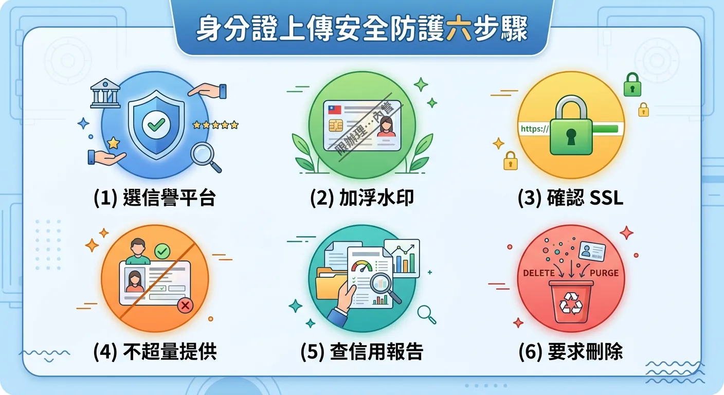 身分證上傳安全防護六步驟圖，六個步驟以兩列三行排列：(1) 選信譽平台（盾牌）(2) 加浮水印（文字覆蓋）(3) 確認 SSL（鎖頭）(4) 不超量提供（刪減線）(5) 查信用報告（文件）(6) 要求刪除（垃圾桶），每步驟用圓形圖示搭配簡短說明