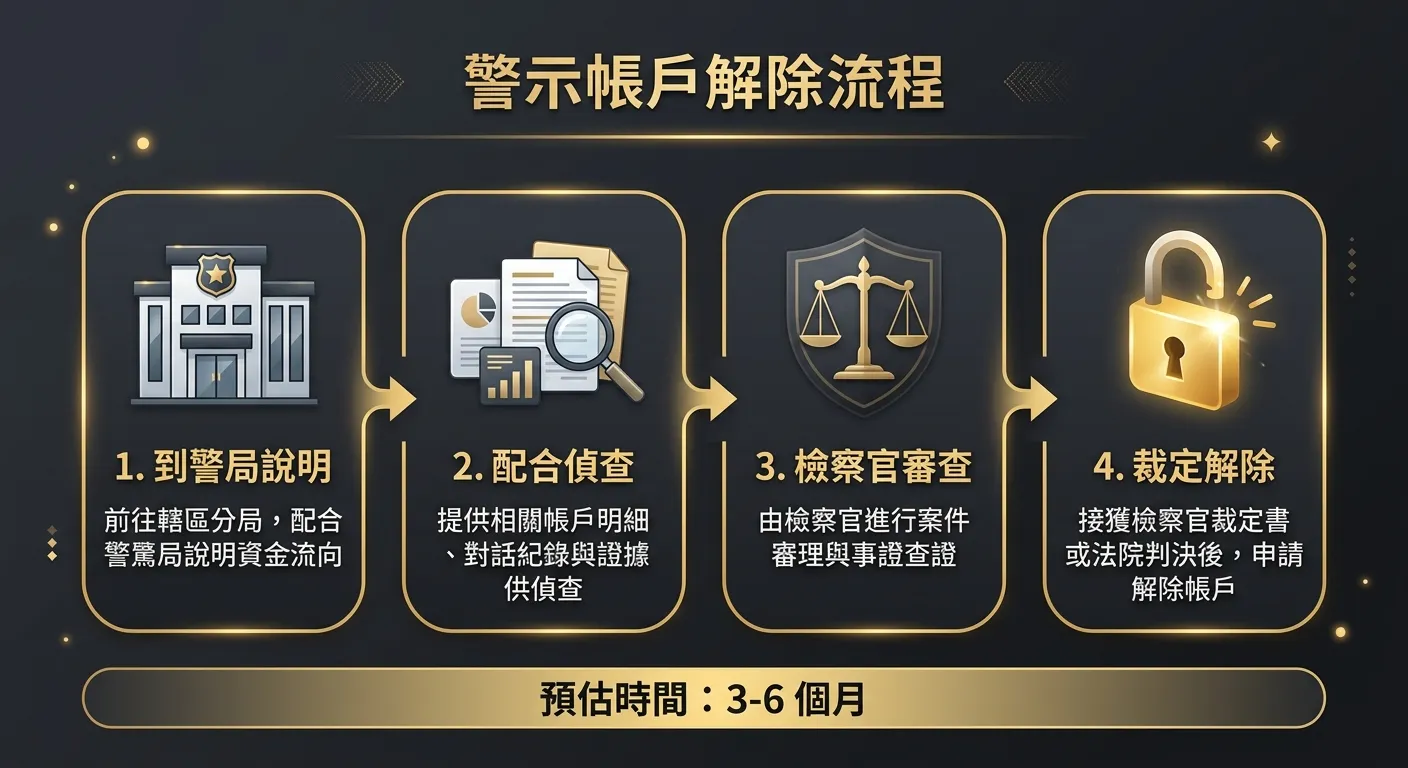 警示帳戶解除流程四步驟圖，由左至右排列：(1) 到警局說明（警局建築圖示）→ (2) 配合偵查（文件資料圖示）→ (3) 檢察官審查（法律天秤圖示）→ (4) 裁定解除（解鎖圖示），步驟間以箭頭連接，下方標示「預估時間：3-6 個月」，配色深灰底搭配金色流程線