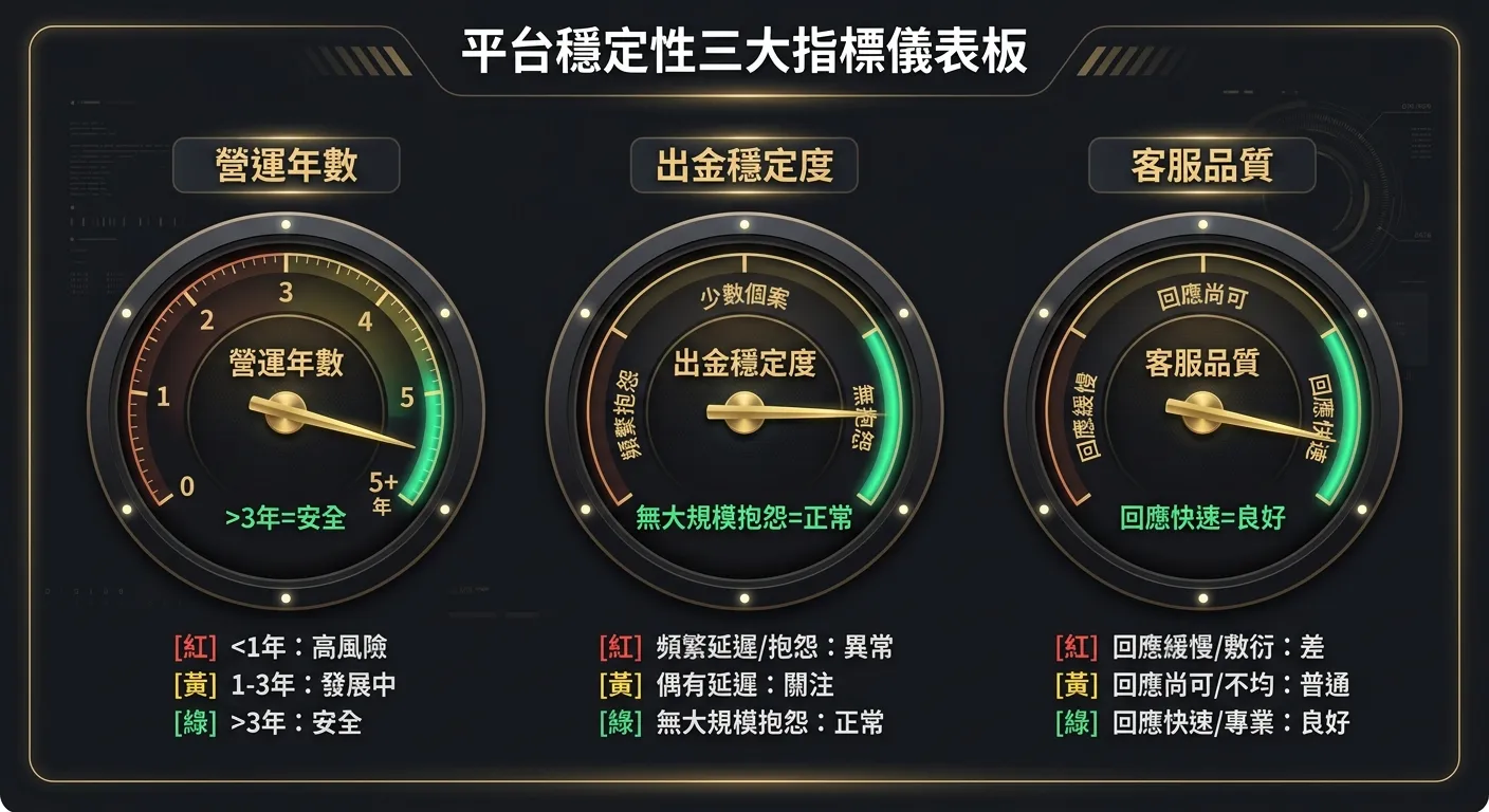 平台穩定性三大指標儀表板圖，三個圓形儀表分別代表：(1)營運年數（指針指向「>3年=安全」）(2)出金穩定度（指針指向「無大規模抱怨=正常」）(3)客服品質（指針指向「回應快速=良好」），每個儀表下方附有紅黃綠三色區域說明，配色使用深色背景搭配金色指針