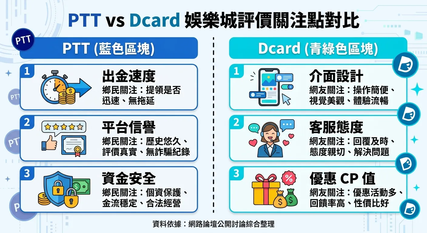 PTT vs Dcard 娛樂城評價關注點對比圖，左側為 PTT（藍色區塊）列出鄉民最關注的三個面向：出金速度、平台信譽、資金安全，右側為 Dcard（青綠色區塊）列出網友最關注的三個面向：介面設計、客服態度、優惠 CP 值，中間以虛線分隔
