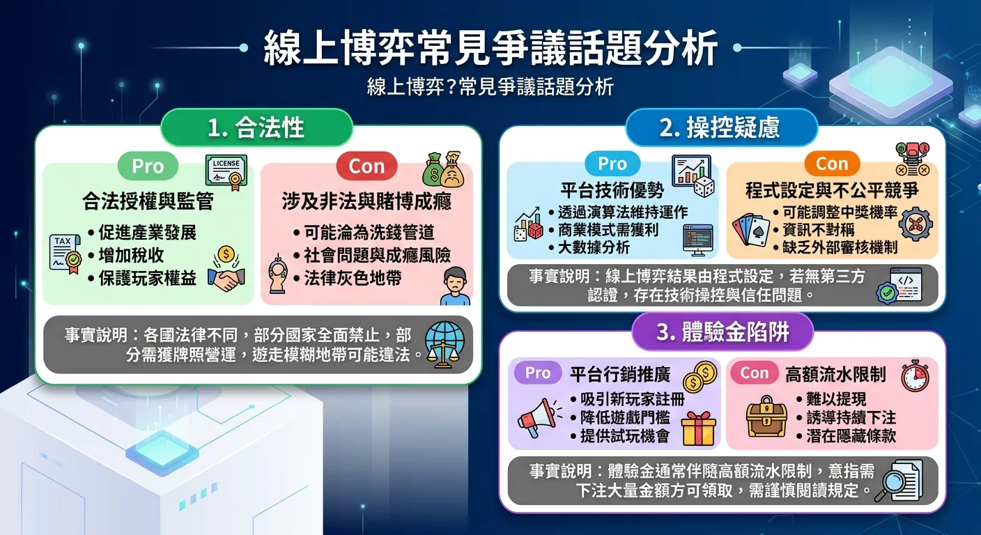 線上博弈常見爭議話題分析圖，三個圓角矩形區塊由上至下排列，每個區塊內含爭議標題、正反方觀點摘要（以不同顏色標示）、以及事實說明（中性灰色），三個爭議分別為：合法性、操控疑慮、體驗金陷阱