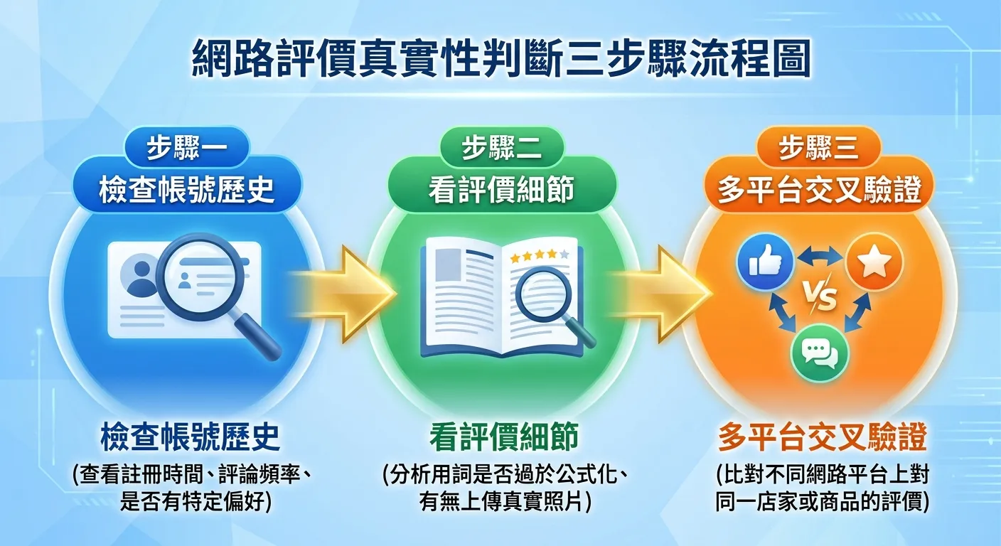 網路評價真實性判斷三步驟流程圖，三個步驟由左至右排列：步驟一「檢查帳號歷史」（放大鏡檢視用戶資料圖示）→ 步驟二「看評價細節」（文件放大圖示）→ 步驟三「多平台交叉驗證」（三個社群平台圖示交叉比對），金色箭頭連接各步驟