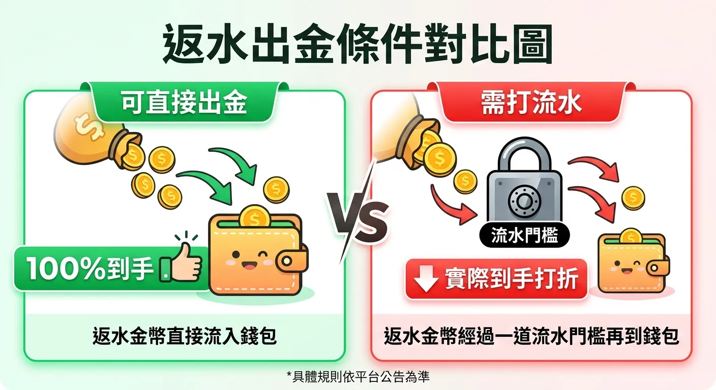 返水出金條件對比圖，左側綠色區塊「可直接出金」，顯示返水金幣直接流入錢包圖示，標註「100%到手」；右側紅色區塊「需打流水」，顯示返水金幣經過一道流水門檻（鎖頭圖示）再到錢包，標註「實際到手打折」。兩側以VS分隔。配色使用綠色與紅色對比