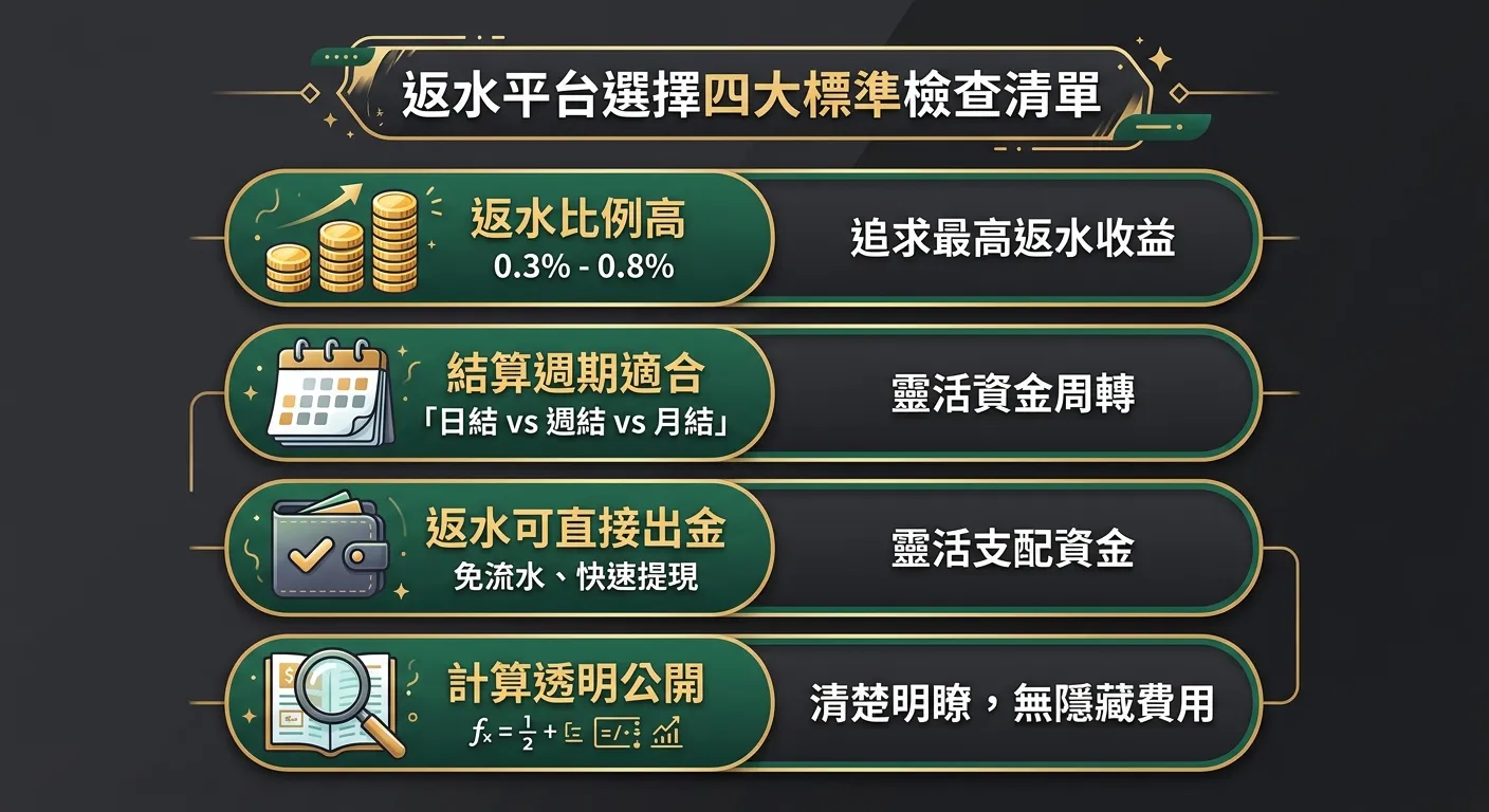 返水平台選擇四大標準檢查清單圖，四個橫向卡片由上至下排列：(1) 返水比例高（金幣堆疊由低到高圖示，標示 0.3%-0.8%）(2) 結算週期適合（日曆圖示，標示「日結 vs 週結 vs 月結」）(3) 返水可直接出金（錢包圖示打勾）(4) 計算透明公開（放大鏡檢視帳單圖示），每張卡片右側有一句話摘要，配色金色與深綠搭配深灰背景