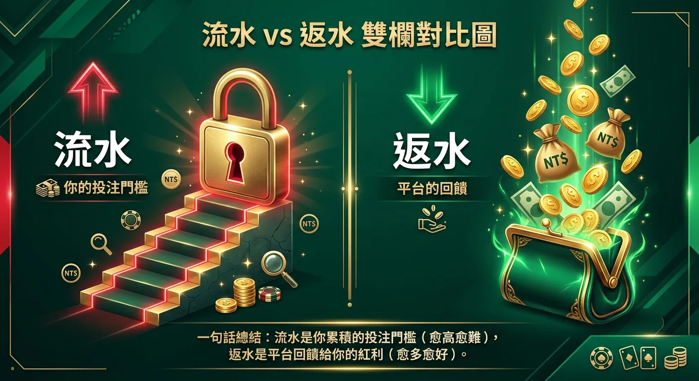流水 vs 返水雙欄對比圖，左欄「流水」以紅色向上箭頭表示（標註「你的投注門檻」，圖示為階梯與鎖頭），右欄「返水」以綠色向下箭頭表示（標註「平台的回饋」，圖示為金幣與錢包），中間以分隔線區隔，下方附有簡潔的一句話總結。配色使用金色與深墨綠