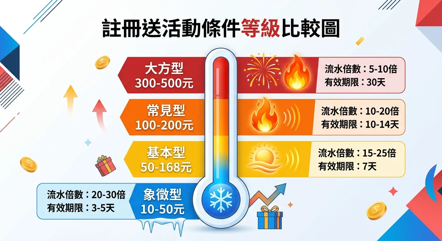 註冊送活動條件等級比較圖，以溫度計或階梯形式呈現四個等級：底部（藍色/冷）「象徵型 10-50元」→ 中下（黃色/溫）「基本型 50-168元」→ 中上（橙色/暖）「常見型 100-200元」→ 頂部（紅色/熱）「大方型 300-500元」。每個等級旁邊標示流水倍數和有效期限
