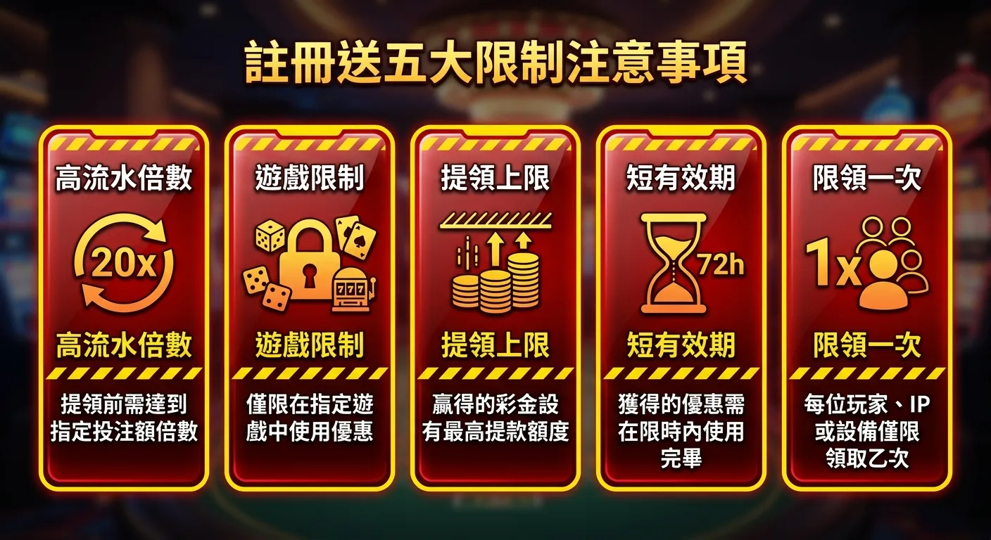 註冊送五大限制注意事項卡片圖，以紅黃色調的警示卡片排列五個限制項目：1.高流水倍數（20x 圖示）2.遊戲限制（鎖頭+遊戲圖示）3.提領上限（天花板+金幣圖示）4.短有效期（沙漏+72h 標示）5.限領一次（1x 圖示+人形）。每張卡片底部一句話提示