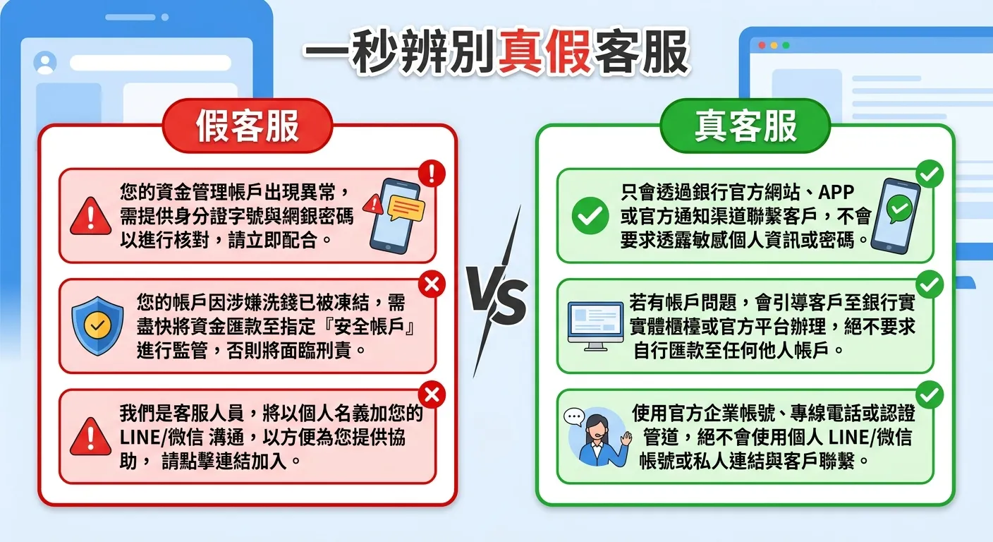資金管理帳戶詐騙辨識圖，左右對比設計。左側「假客服」區塊（紅色背景）列出三個詐騙話術範例，每個旁邊有紅色警示圖示。右側「真客服」區塊（綠色背景）列出三個正規客服的行為特徵，每個旁邊有綠色勾選圖示。中間用 VS 分隔，上方標題「一秒辨別真假客服」。