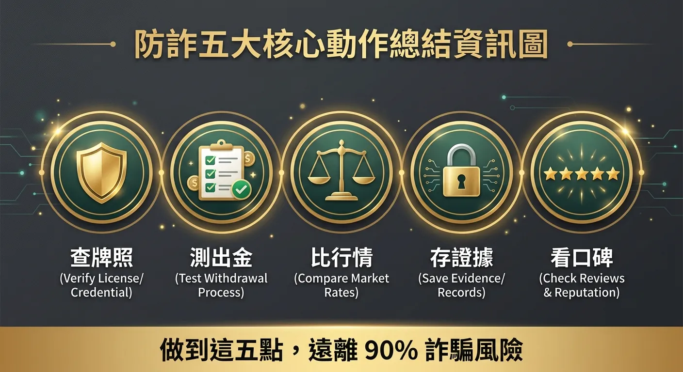 防詐五大核心動作總結資訊圖，五個圓形圖示排成一排：查牌照（盾牌）、測出金（驗證勾選）、比行情（天秤）、存證據（鎖頭）、看口碑（星星評分），每個圓形下方有簡短的一行動作描述，整體以金色與深墨綠為主色調，背景深灰，底部標示「做到這五點，遠離 90% 詐騙風險」。