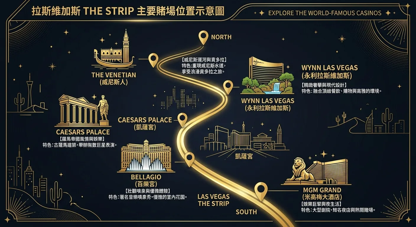 拉斯維加斯 The Strip 主要賭場位置示意圖，以長條形路線呈現 The Strip，標示 5-6 間主要賭場的相對位置，每間旁附一句特色說明，金色路線配深色背景