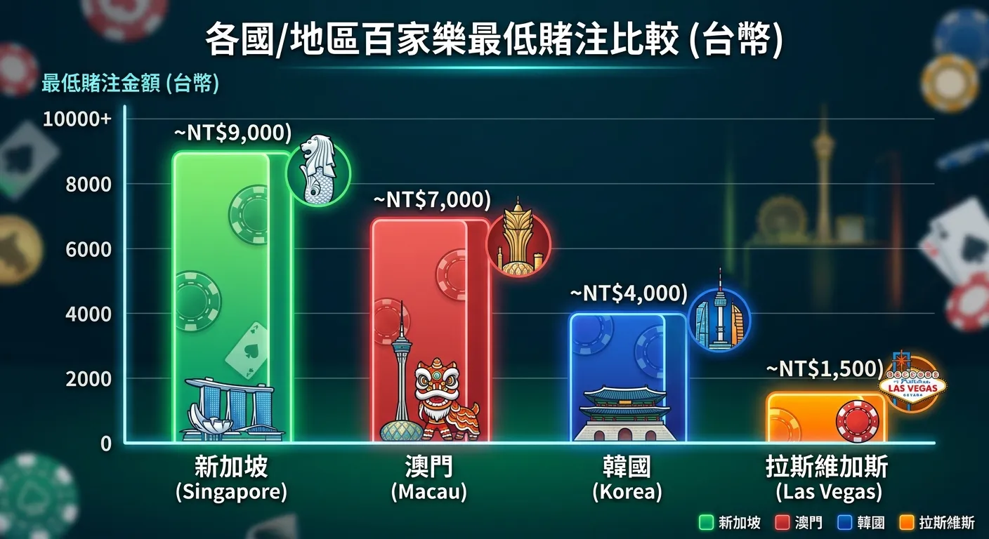 各國最低賭注比較條圖，四組長條分別代表澳門、拉斯維加斯、新加坡、韓國的百家樂最低賭注（換算成台幣），由高到低排列，各條配不同顏色標示