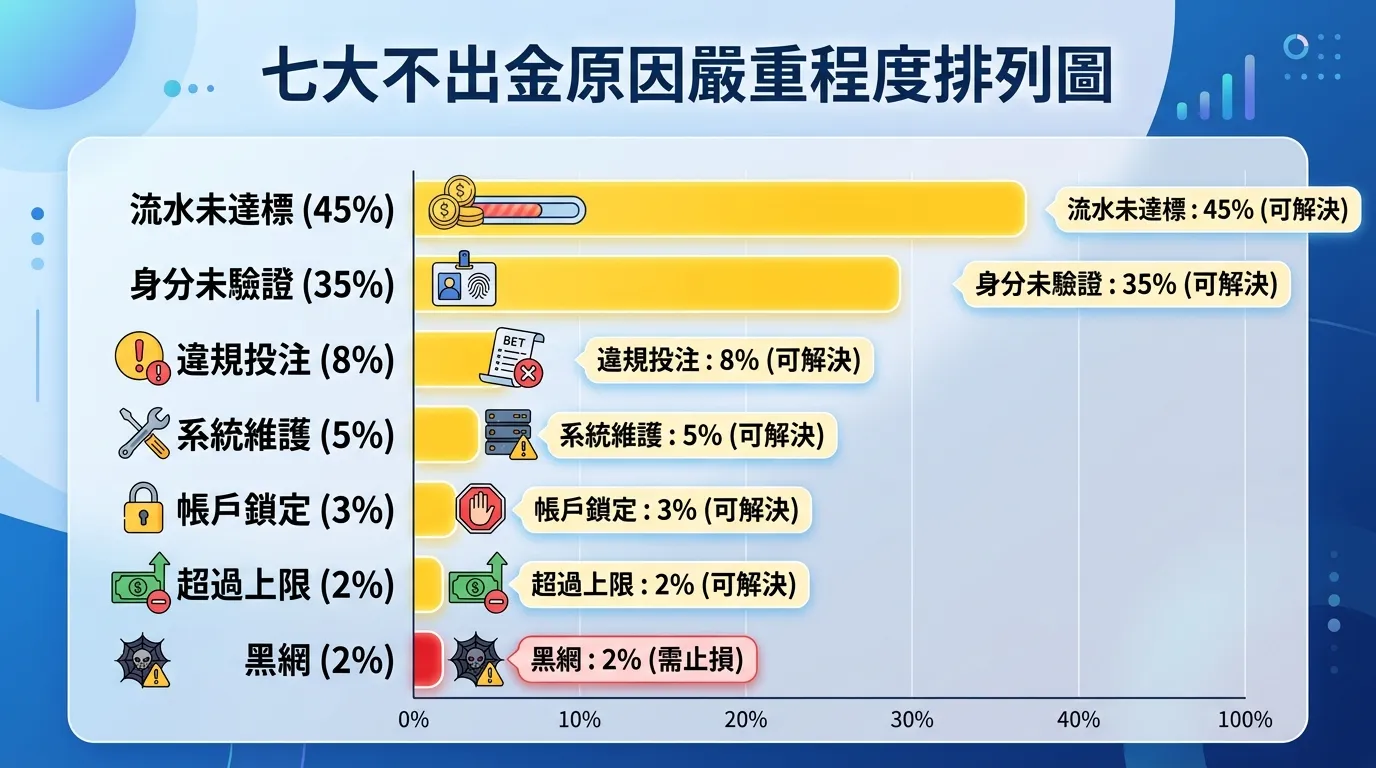 七大不出金原因嚴重程度排列圖，以橫向柱狀圖呈現七個原因和佔比，從上到下按佔比排列：流水未達標45%、身分未驗證35%、違規投注8%、系統維護5%、帳戶鎖定3%、超過上限2%、黑網2%。前六個用黃色柱狀表示（可解決），最後一個用紅色（需止損）。