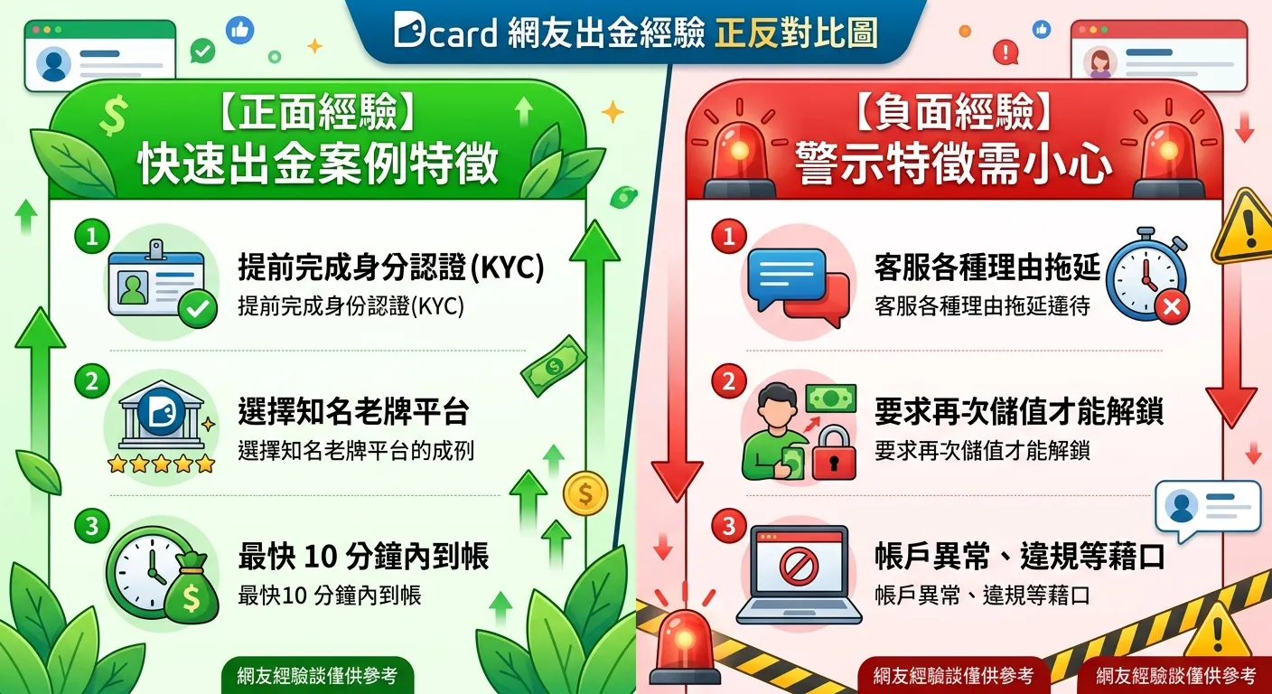 Dcard 網友出金經驗正反對比圖，分為左右兩半：左側「正面經驗」綠色區塊列出快速出金的三個案例特徵（提前 KYC、選老牌平台、10 分鐘到帳），右側「負面經驗」紅色區塊列出三個警示特徵（客服拖延、要求再儲值、帳戶異常理由）。中間用分隔線區分。