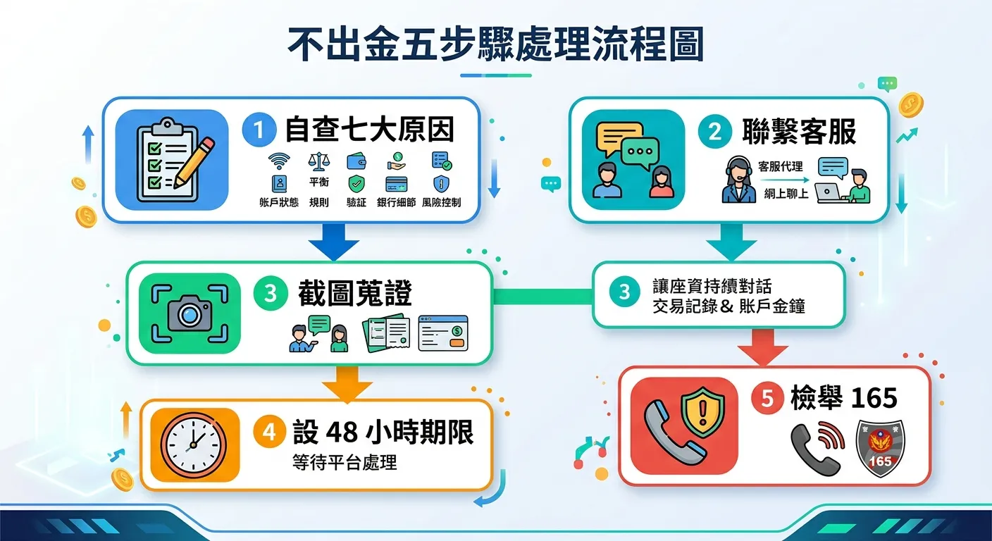 不出金五步驟處理流程圖，由上至下五個步驟用圓角矩形框依序排列，每個步驟搭配圖示：(1) 核對清單圖示 — 自查七大原因 (2) 對話氣泡圖示 — 聯繫客服 (3) 相機圖示 — 截圖蒐證 (4) 時鐘圖示 — 設 48 小時期限 (5) 電話圖示 — 檢舉 165。步驟間用向下箭頭連接。