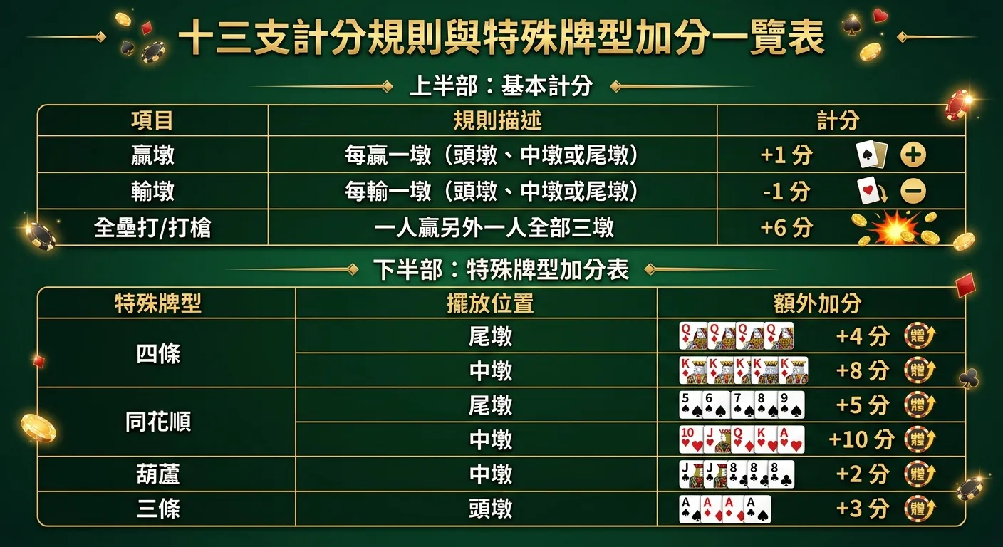 十三支計分規則與特殊牌型加分一覽表格圖，上半部為基本計分（贏墩+1、輸墩-1、打槍+6），下半部為特殊牌型加分表（四條、同花順、葫蘆、三條在不同位置的加分）。配色金色標題搭配深綠底。