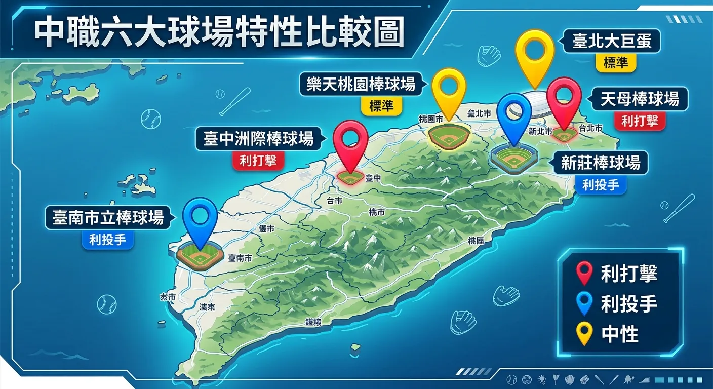 中職六大球場特性比較圖，以台灣地圖為底，六個球場的位置標示不同顏色的圖釘，每個圖釘旁附有球場名稱和特性標籤（利打擊/利投手/標準），圖例說明紅色為利打擊、藍色為利投手、黃色為中性。