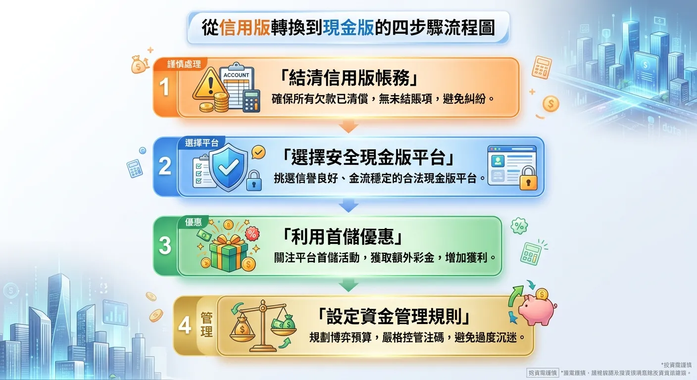 從信用版轉換到現金版的四步驟流程圖，由上而下：步驟一「結清信用版帳務」（橙色，代表謹慎處理）→ 步驟二「選擇安全現金版平台」（藍色）→ 步驟三「利用首儲優惠」（綠色）→ 步驟四「設定資金管理規則」（金色），每個步驟附上簡短說明文字。