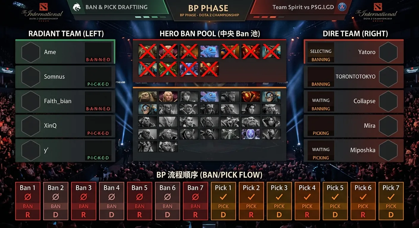 Dota2 比賽 BP 階段示意圖，左右兩隊各有五個英雄欄位，中央為 Ban 池（用紅色叉號標示被禁英雄），下方標示 BP 流程順序（Ban1 → Pick1 → Ban2 → Pick2...），每個階段用不同顏色區分，配色使用紅橙與深灰
