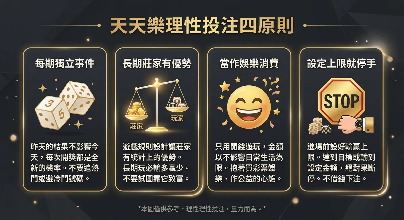 天天樂理性投注四原則圖，四個原則以卡片式呈現：「每期獨立事件」（骰子圖示）、「長期莊家有優勢」（天秤圖示）、「當作娛樂消費」（笑臉圖示）、「設定上限就停手」（停止標誌圖示），配色使用金色標題與深灰背景