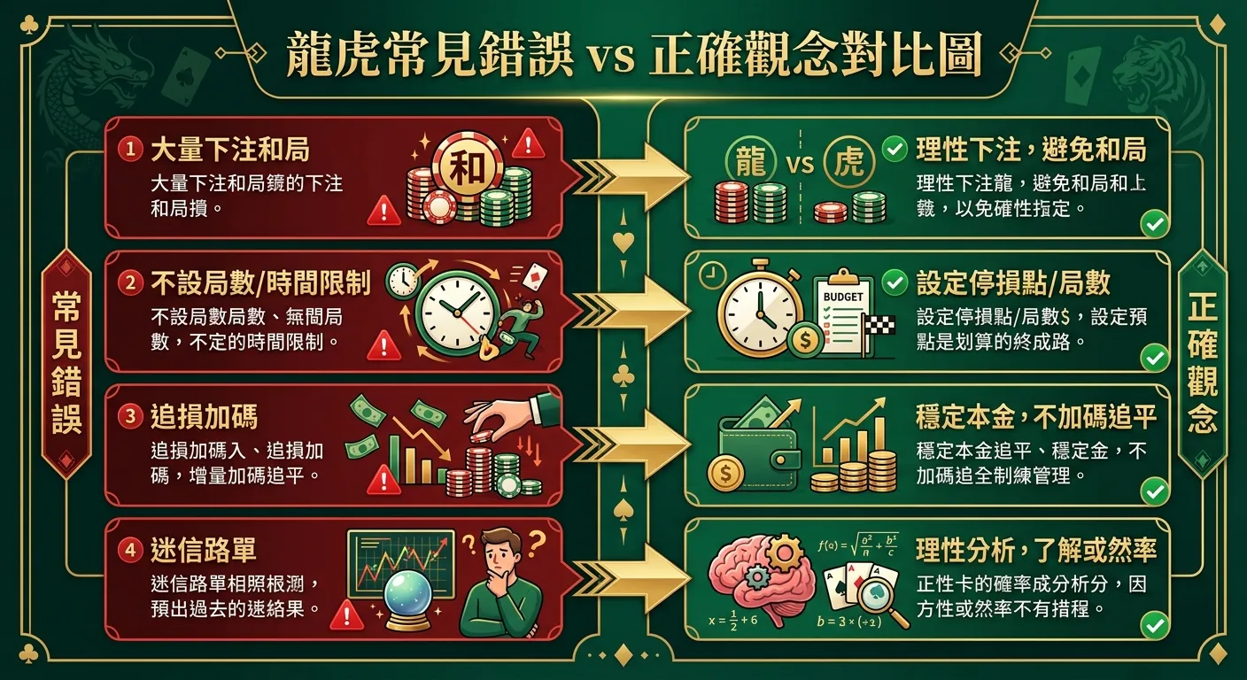 龍虎常見錯誤 vs 正確觀念對比圖，左側紅底列出四個錯誤（大量下注和局、不設局數、追損加碼、迷信路單），右側綠底列出對應的正確做法，中間用箭頭連接。配色使用深綠與金色。