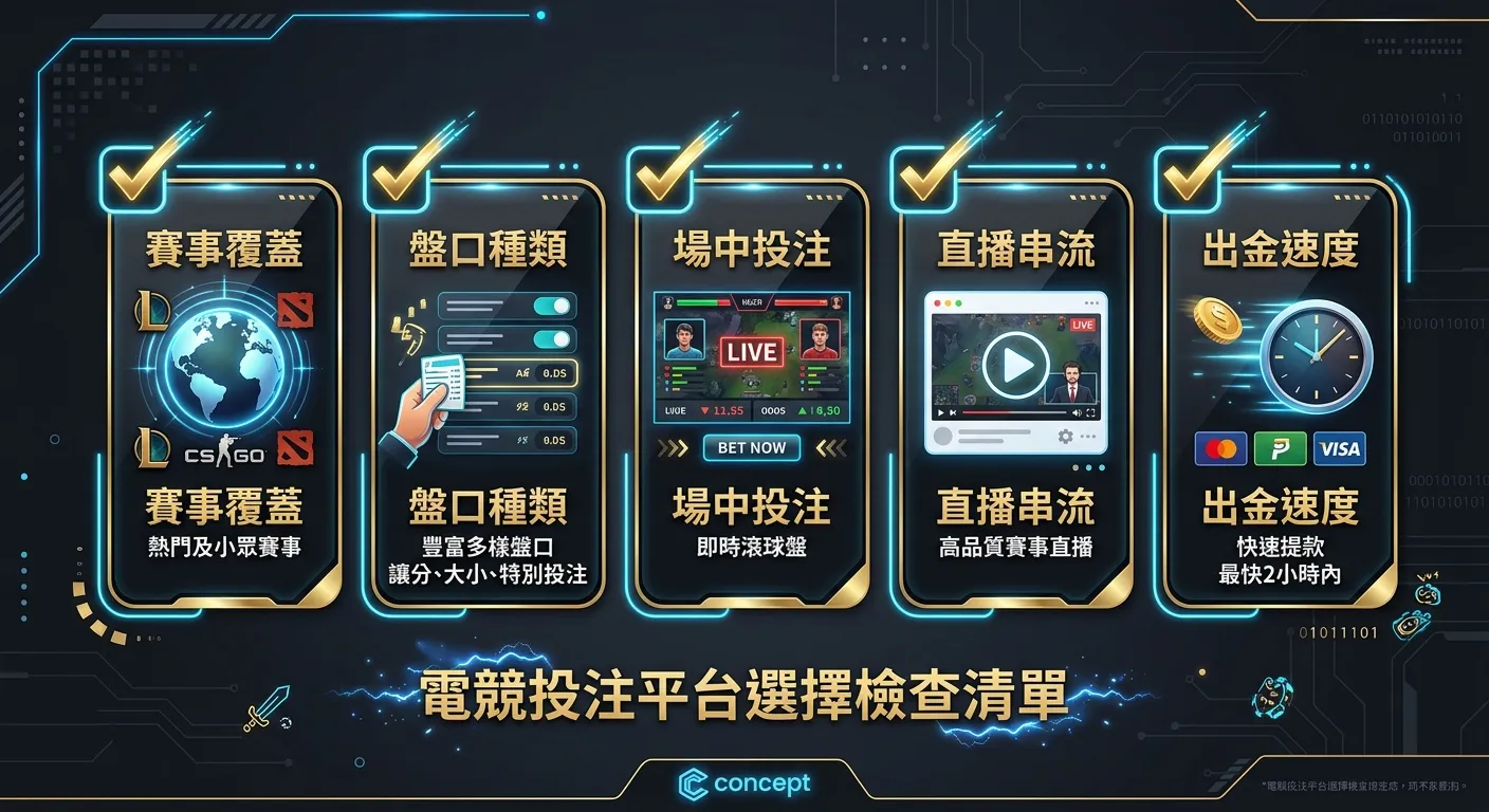 電競投注盤口類型說明資訊圖，分為三大區塊橫向排列：(1) 獨贏盤——兩支隊伍圖示對決，標示賠率 (2) 讓分盤——天平圖示顯示讓分差距 (3) 大小盤——數字量表顯示總局數門檻，每個區塊下方附簡短文字說明，配色使用藍紫與金色