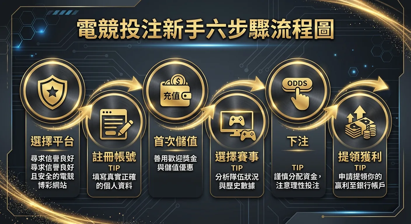 電競投注新手六步驟流程圖，由左至右六個步驟以箭頭連接：(1) 選擇平台——盾牌圖示 (2) 註冊帳號——表單圖示 (3) 首次儲值——錢包圖示 (4) 選擇賽事——電競螢幕圖示 (5) 下注——手指點擊圖示 (6) 提領獲利——鈔票圖示，每個步驟下方附簡短提醒，配色使用金色與深灰