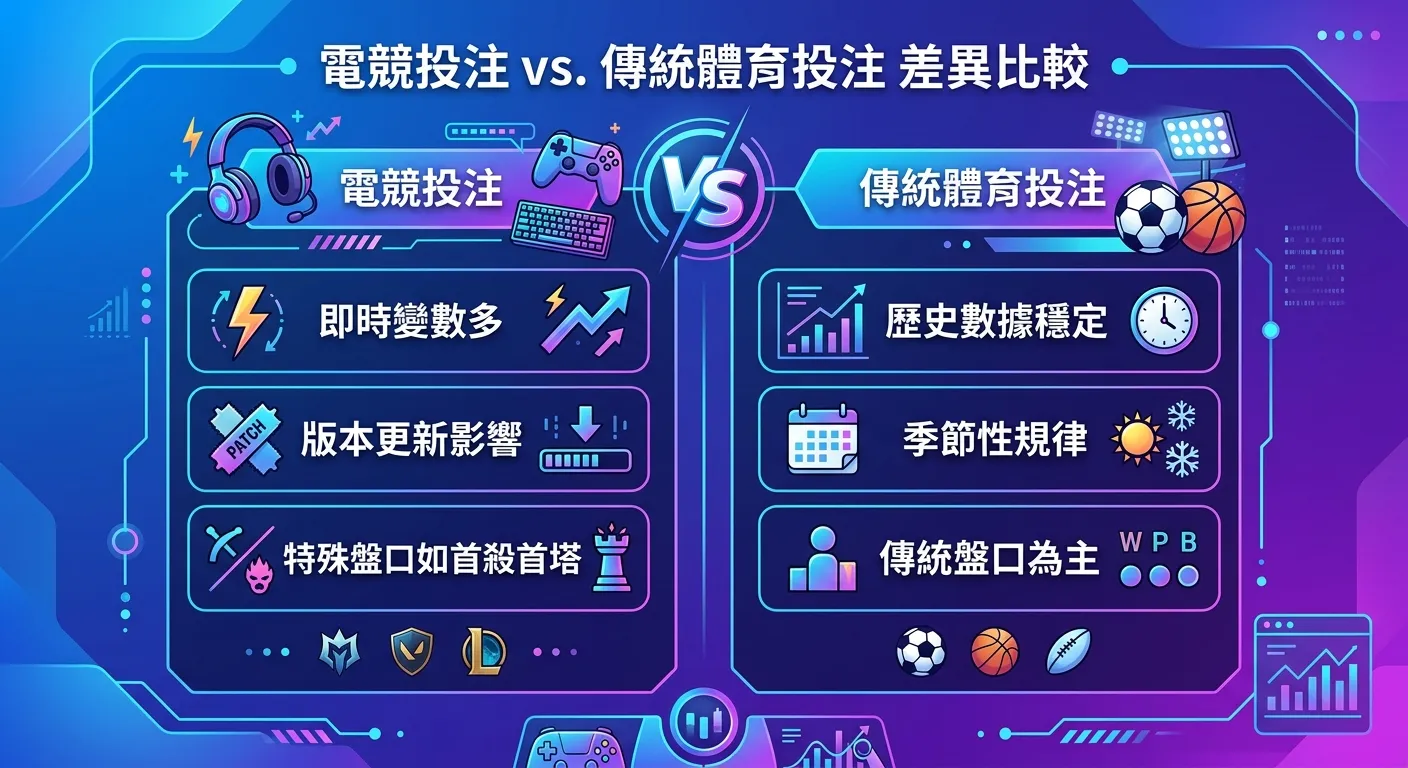 電競投注 vs 傳統體育投注差異比較表，左右兩欄：左欄「電競投注」列出特點（即時變數多、版本更新影響、特殊盤口如首殺首塔），右欄「傳統體育」列出特點（歷史數據穩定、季節性規律、傳統盤口為主），中間 VS 圖示，藍紫色漸層配色